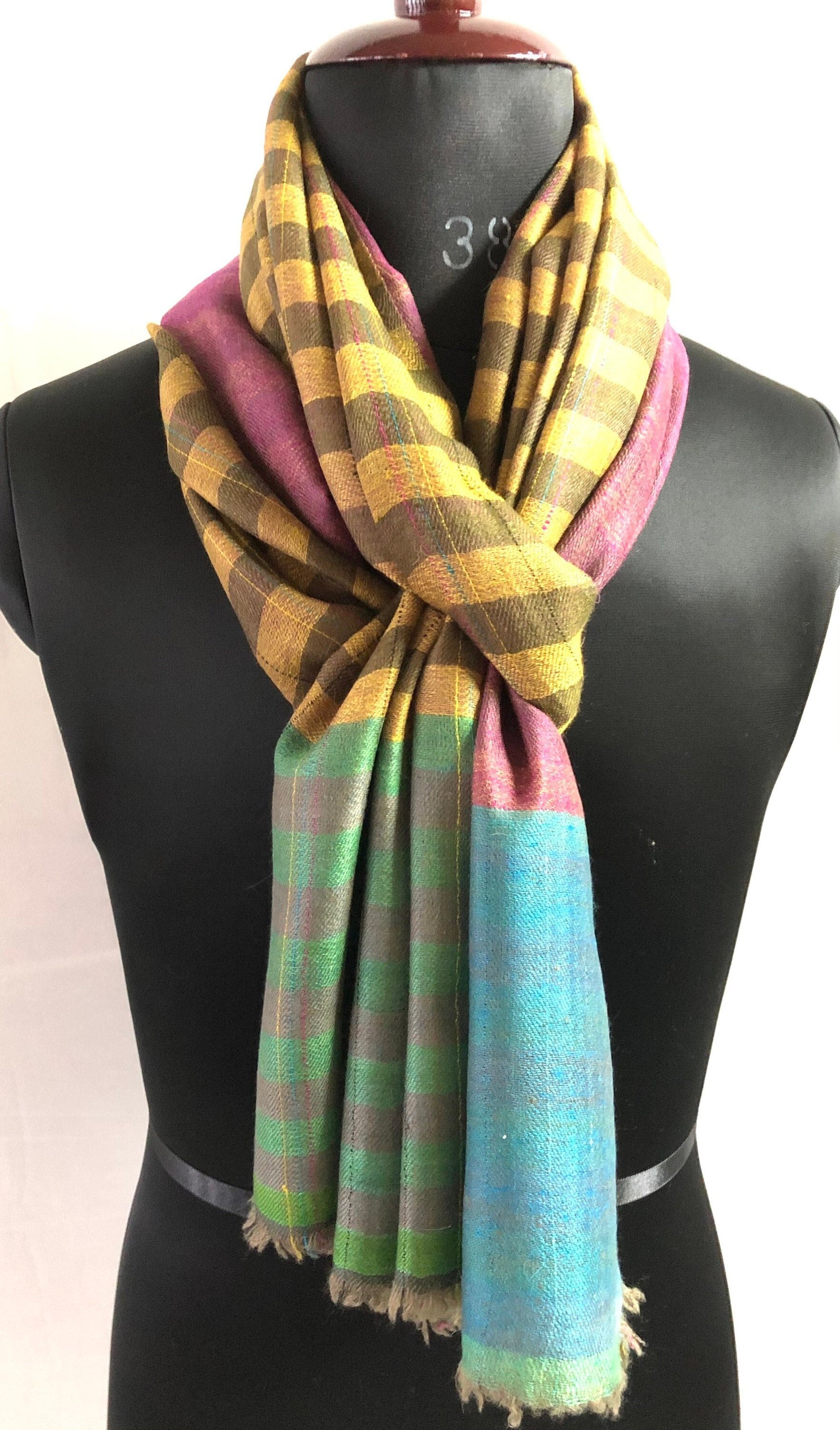 Cashmere Scarf Plantation Brown Stripes And Red Violet Reversible Handmade Real Cashmere Pashmina Stole Scarf - Mehraj Crafts 