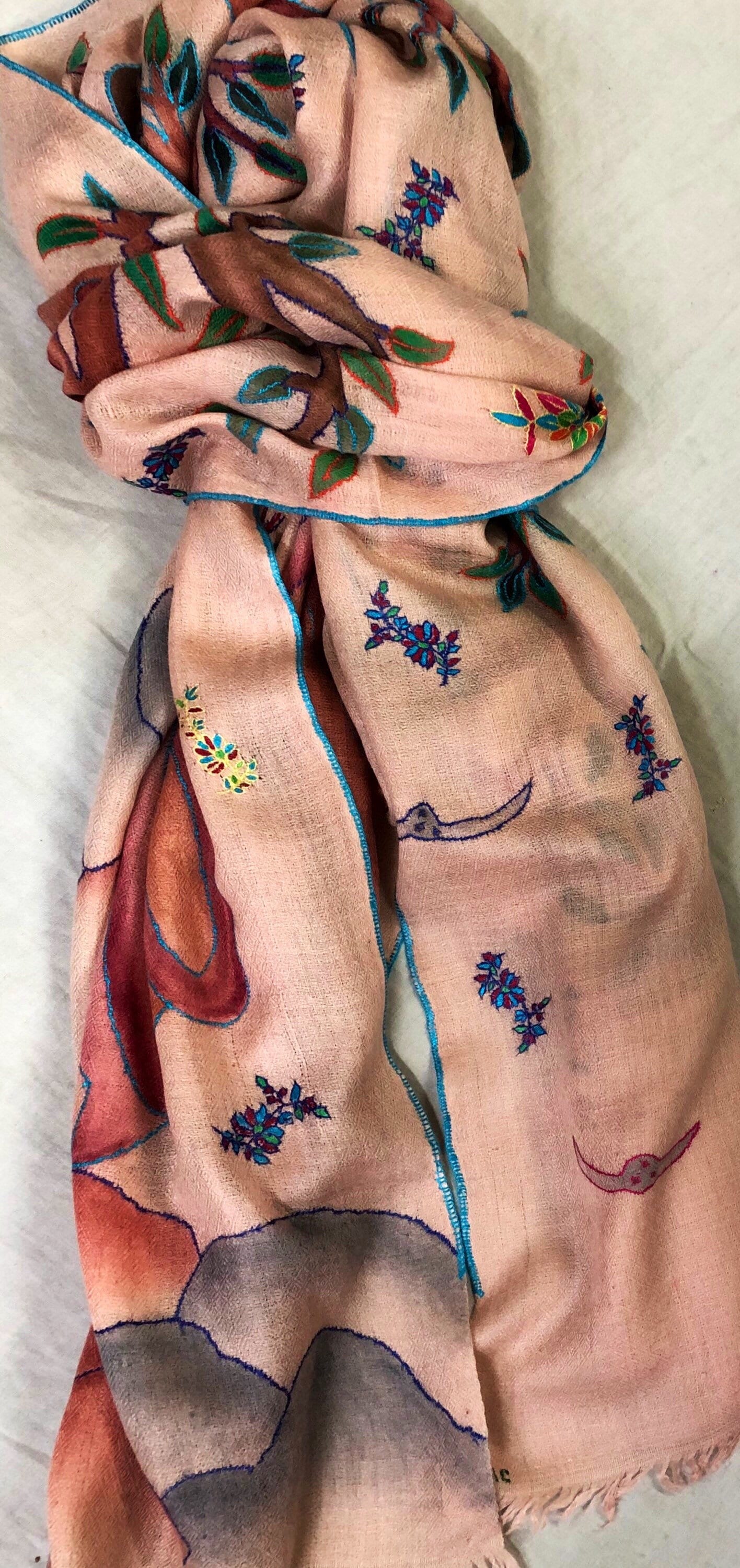 teacher gift Hand Painted And Handwoven Ladakhi Cashmere Pashmina Embroidered Stole - Mehraj Crafts 