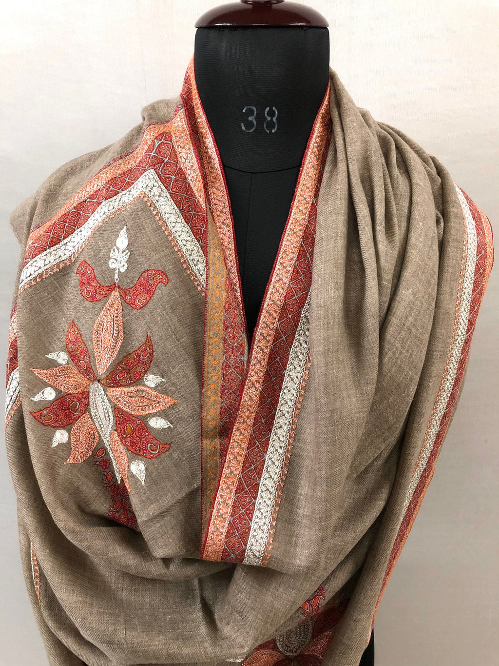 Hand Embroidered Cashmere Pashmina Shawl: Tilla Work Sozni Embroidery | 100x200 cms