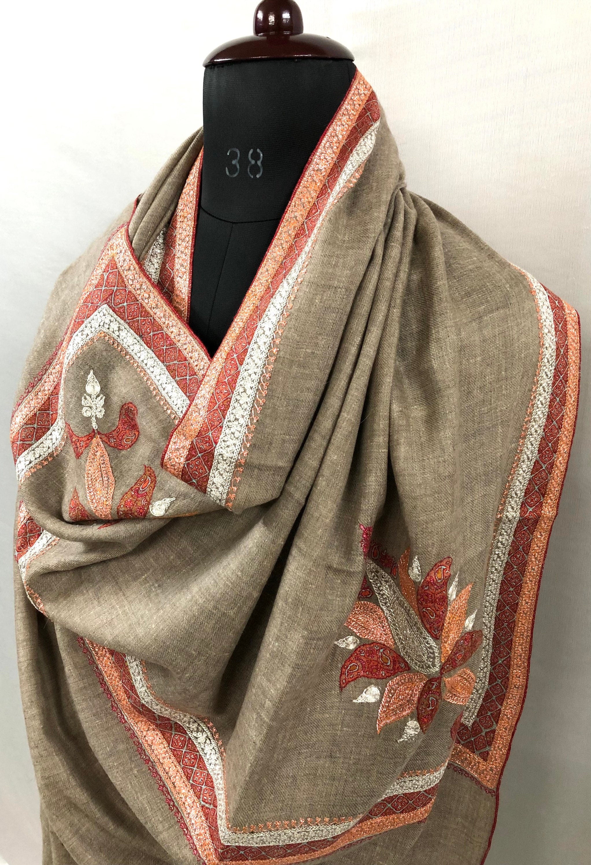 teacher gift GI Certified Khudrang Natural Luxury Hand Embroidered Tilla Work With Sozni Embroidery Real Cashmere Pashmina Shawl - Mehraj Crafts 