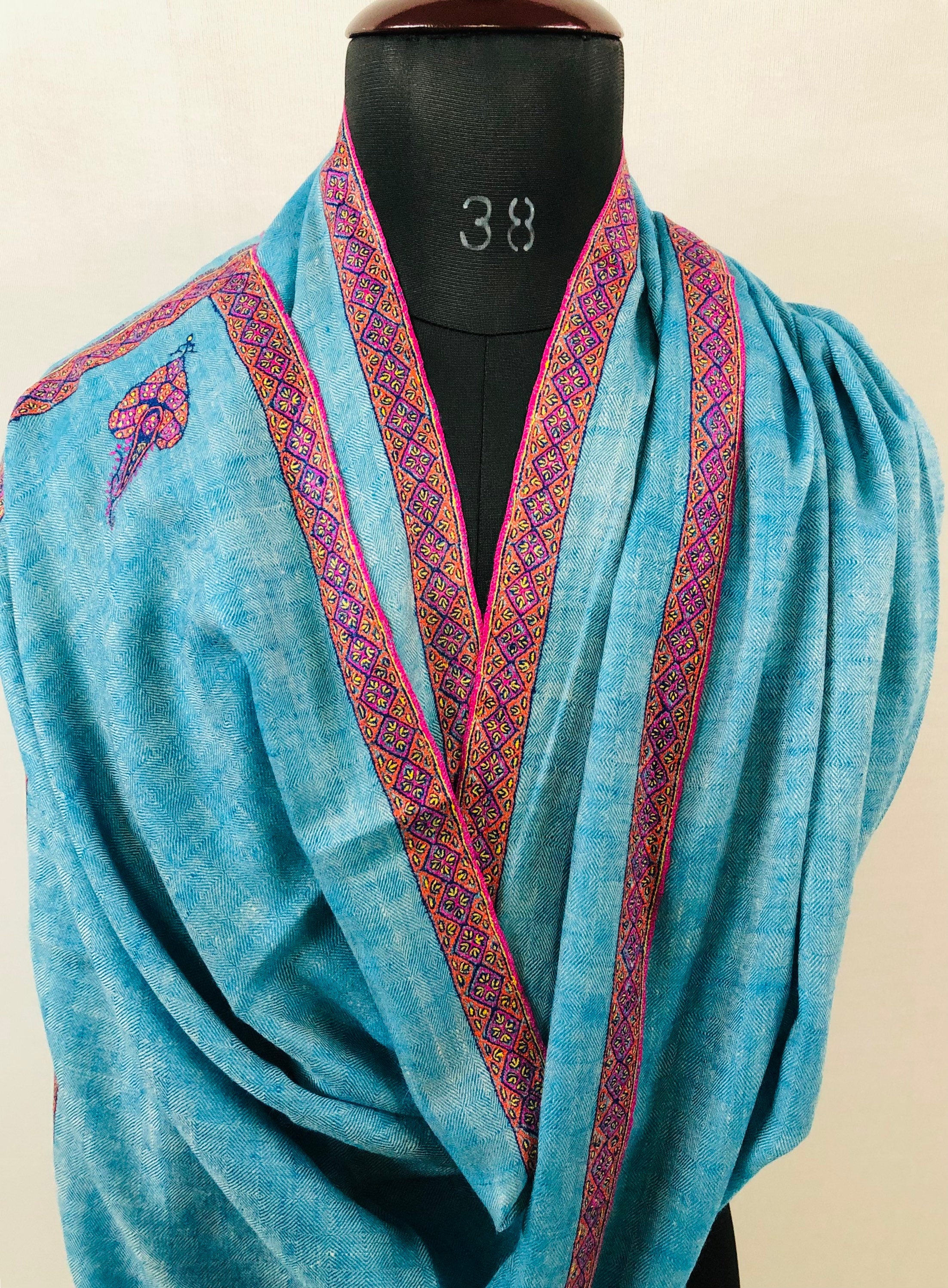 Boxing day Peacock Blue Handmade Box Weave Handcrafted Sozni Embroidery Border Real Cashmere Pashmina Stole Scarf Shawl - Mehraj Crafts 