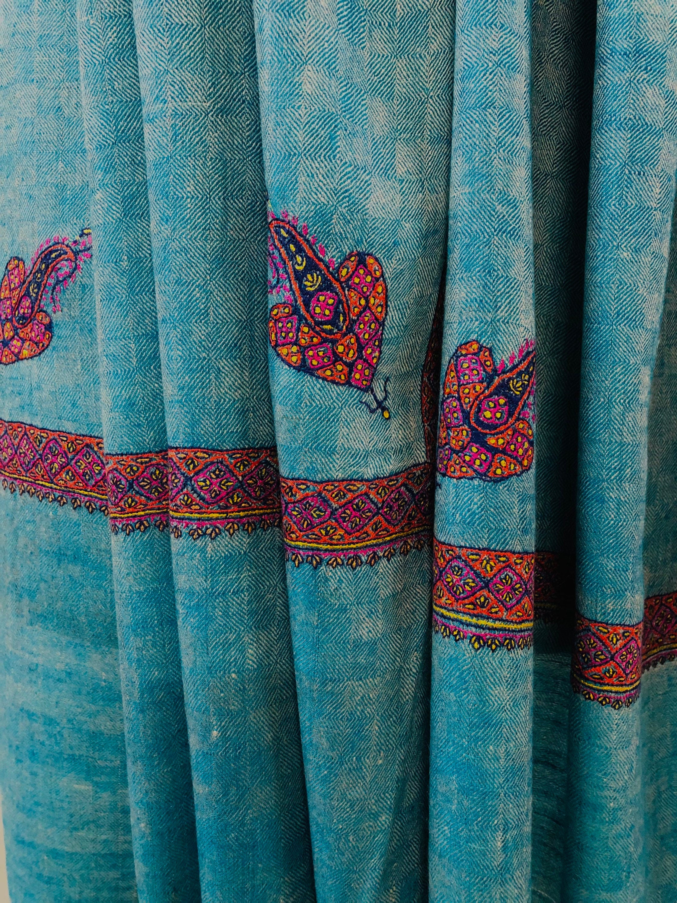 Boxing day Peacock Blue Handmade Box Weave Handcrafted Sozni Embroidery Border Real Cashmere Pashmina Stole Scarf Shawl - Mehraj Crafts 