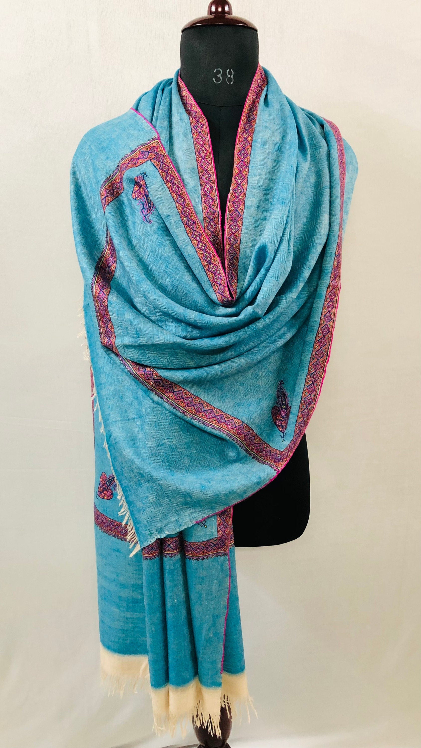 Boxing day Peacock Blue Handmade Box Weave Handcrafted Sozni Embroidery Border Real Cashmere Pashmina Stole Scarf Shawl - Mehraj Crafts 