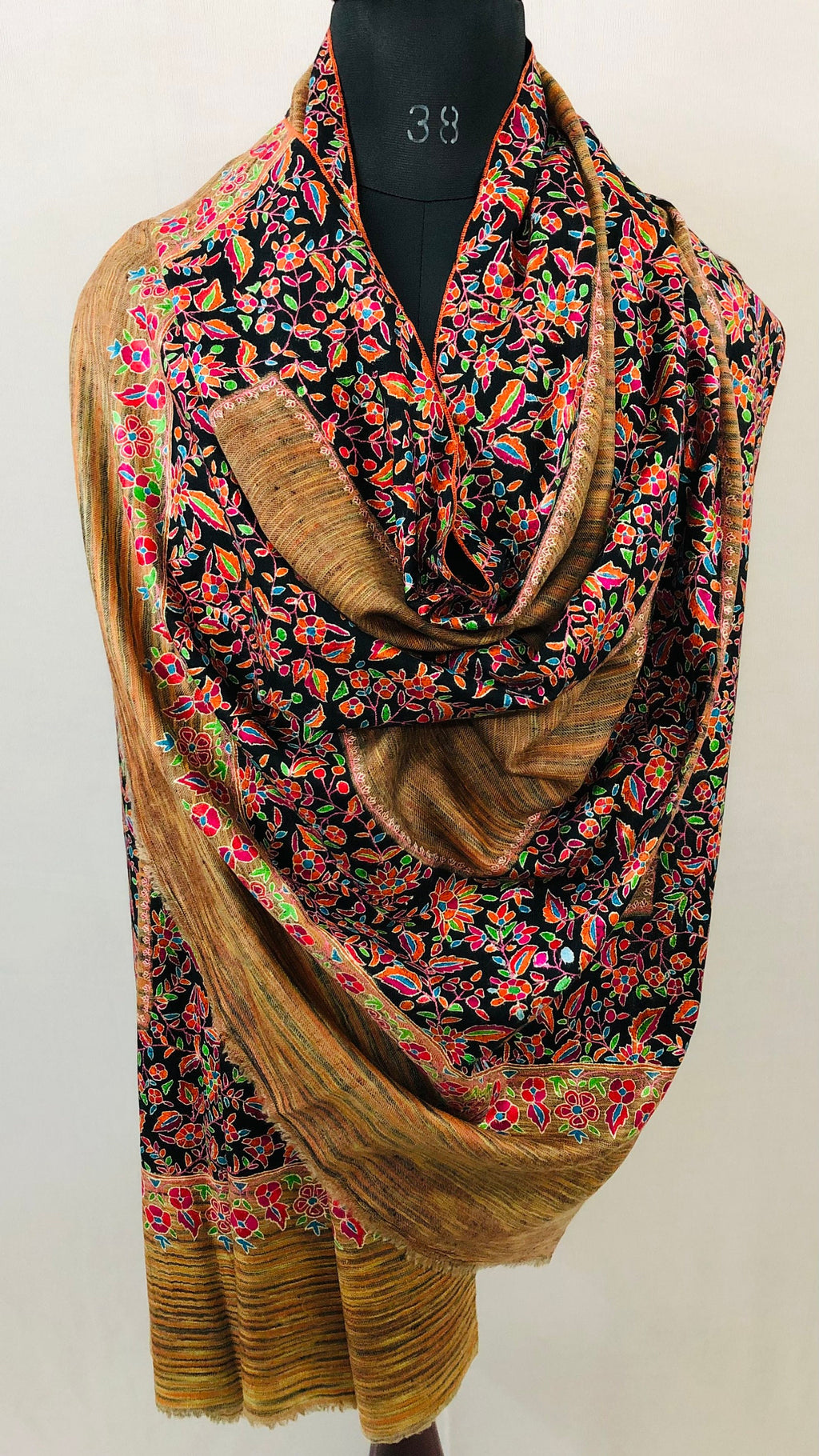 Floral GI Certified Exotica Ikkat Paper Mache Multicoloured Embroidery Handcrafted Real Cashmere Pashmina Shawl - Mehraj Crafts 