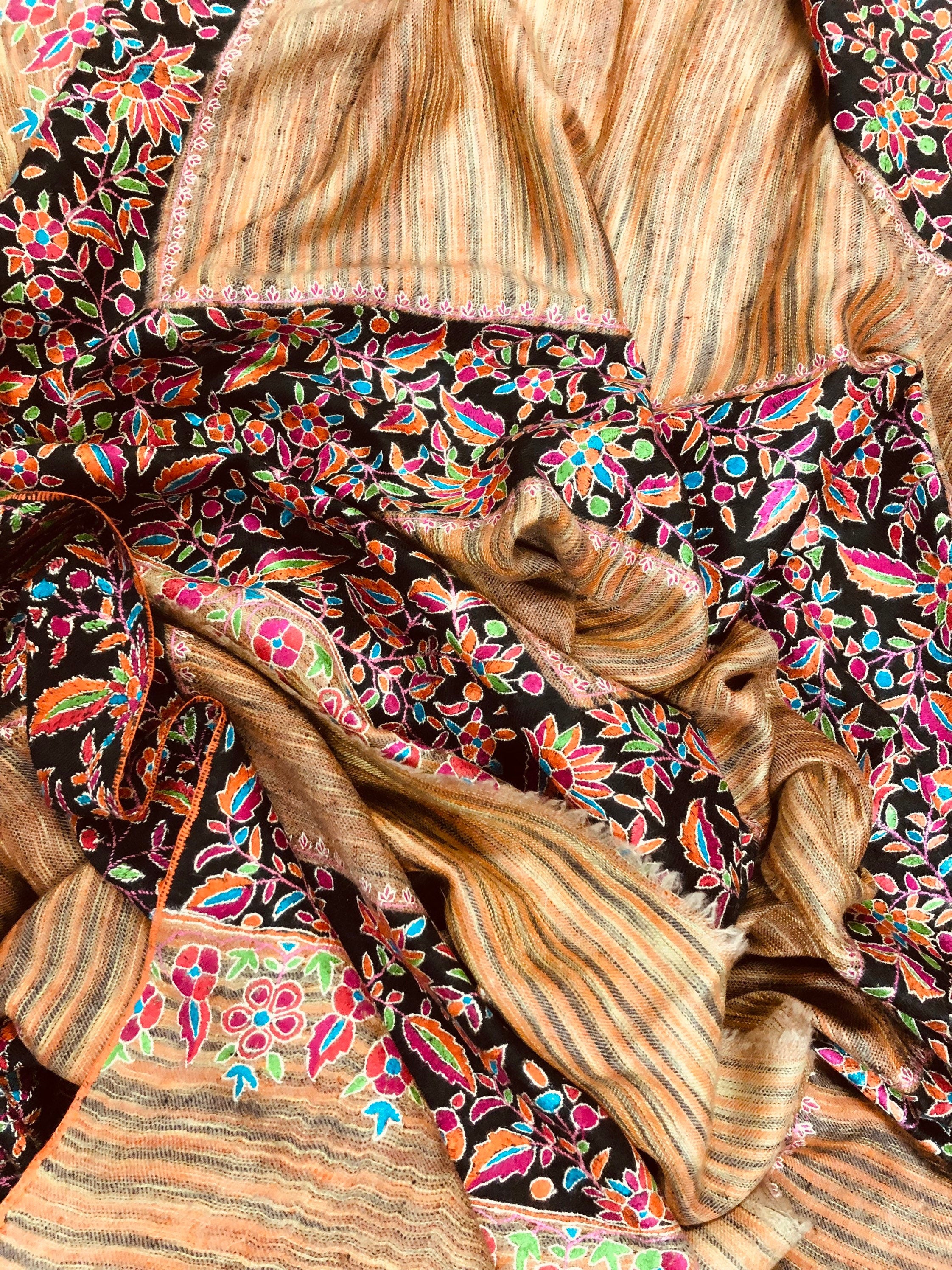 Floral GI Certified Exotica Ikkat Paper Mache Multicoloured Embroidery Handcrafted Real Cashmere Pashmina Shawl - Mehraj Crafts 