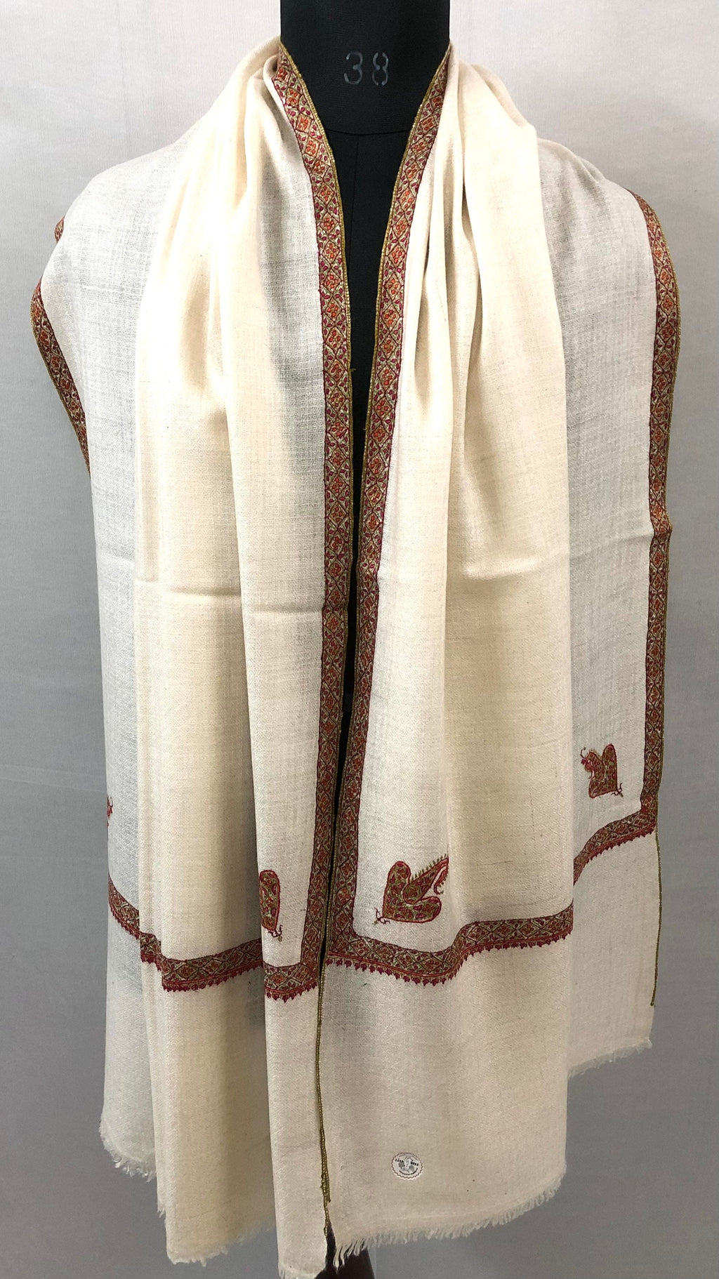 GI Stamped Antique White Sozni Embroidered Border Handmade Real Cashmere Pashmina Stole - Mehraj Crafts 