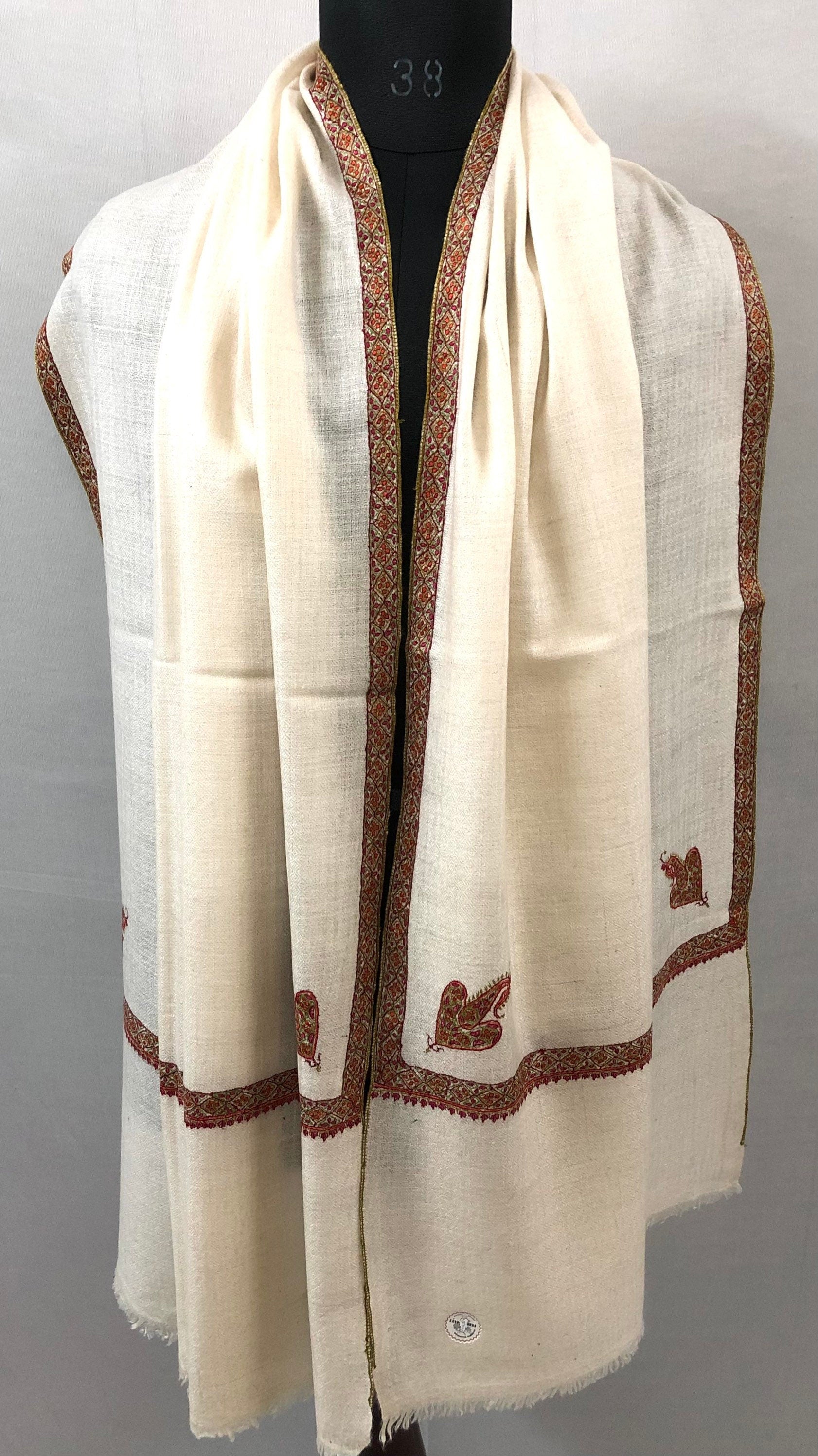 GI Stamped Antique White Sozni Embroidered Border Handmade Real Cashmere Pashmina Stole - Mehraj Crafts 