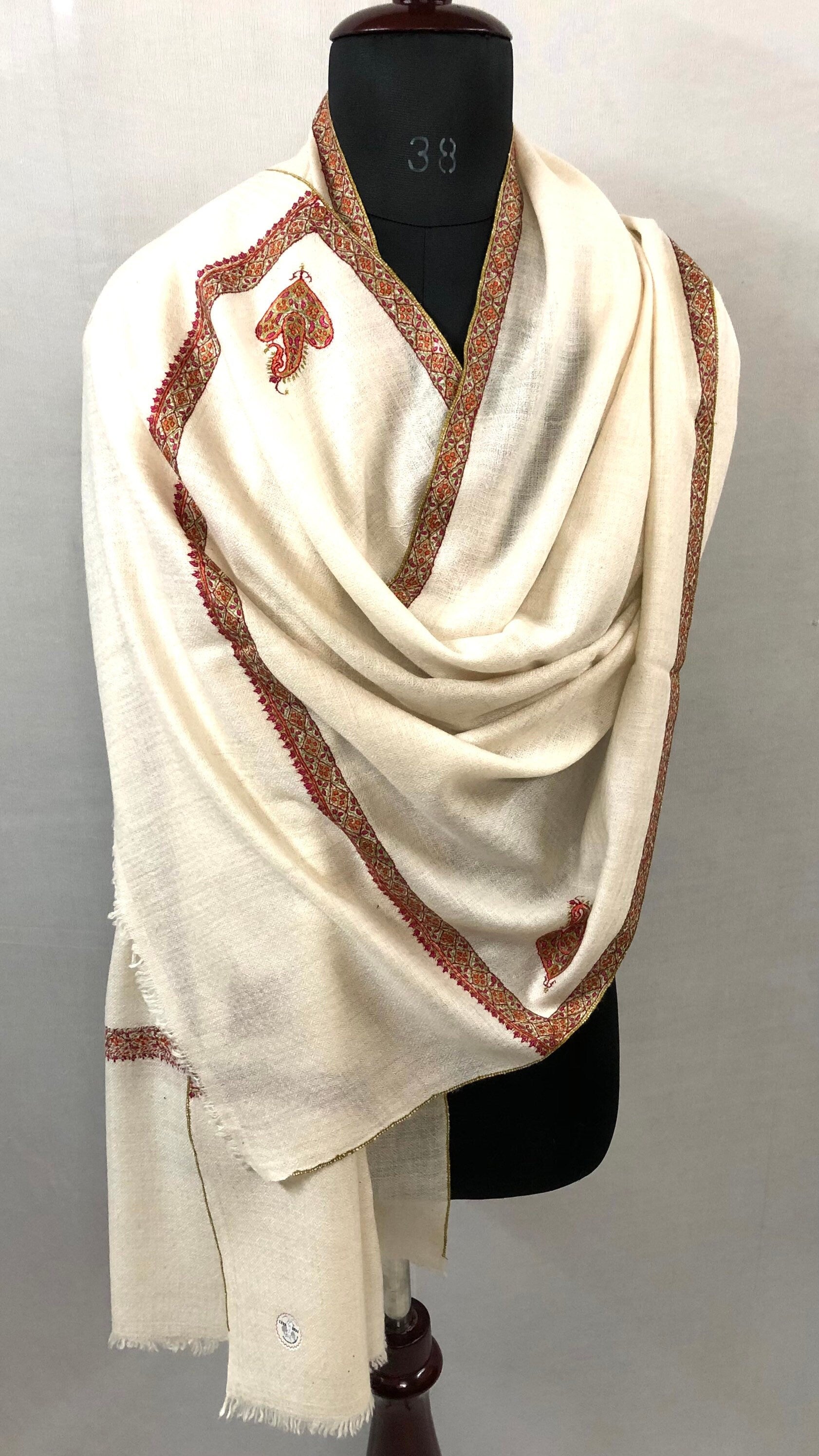 GI Stamped Antique White Sozni Embroidered Border Handmade Real Cashmere Pashmina Stole - Mehraj Crafts 