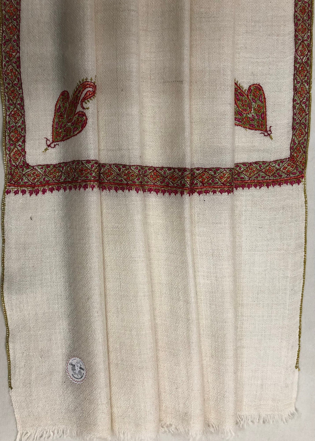 GI Stamped Antique White Sozni Embroidered Border Handmade Real Cashmere Pashmina Stole - Mehraj Crafts 