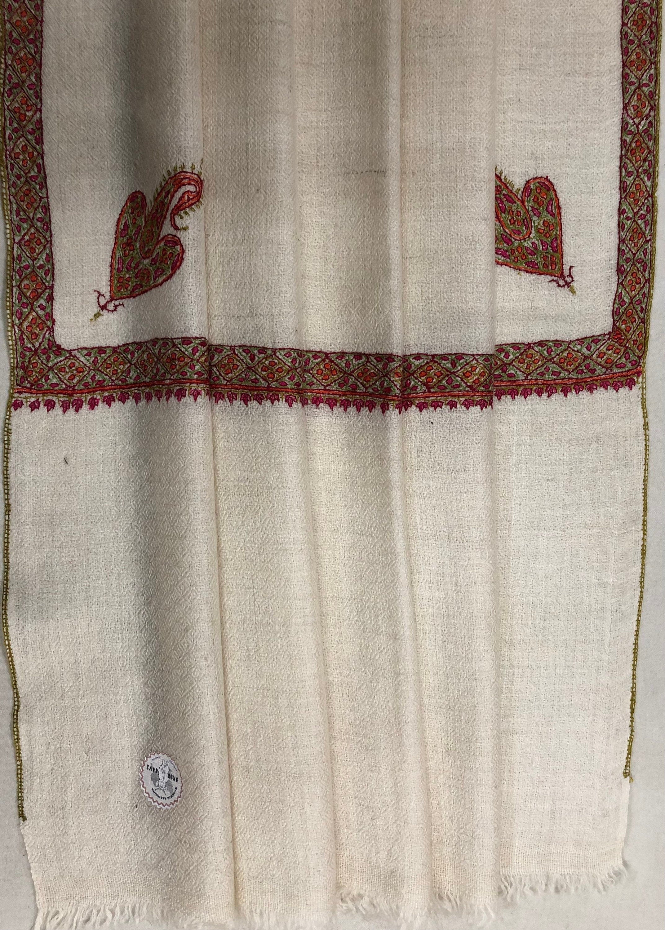 GI Stamped Antique White Sozni Embroidered Border Handmade Real Cashmere Pashmina Stole - Mehraj Crafts 