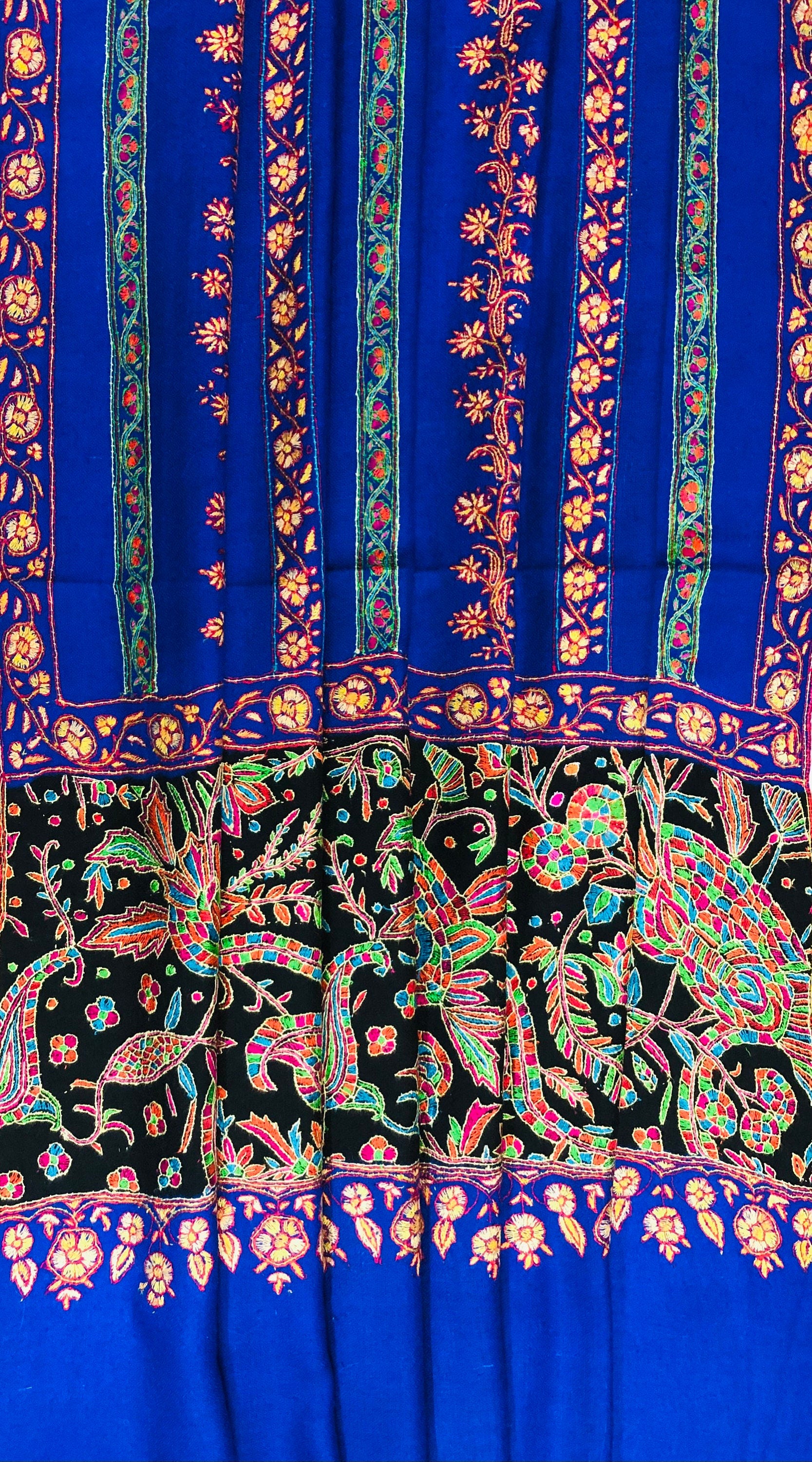 GI Handcrafted Snorkel Blue Fine Kani Kar Paisley Tree Pattern Embroidery Handwoven Real  Ladakhi Cashmere Pashmina Shawl - Mehraj Crafts 