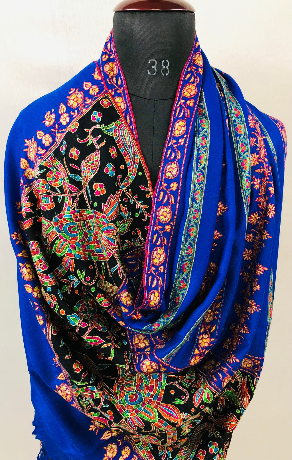 GI Handcrafted Snorkel Blue Fine Kani Kar Paisley Tree Pattern Embroidery Handwoven Real  Ladakhi Cashmere Pashmina Shawl - Mehraj Crafts 