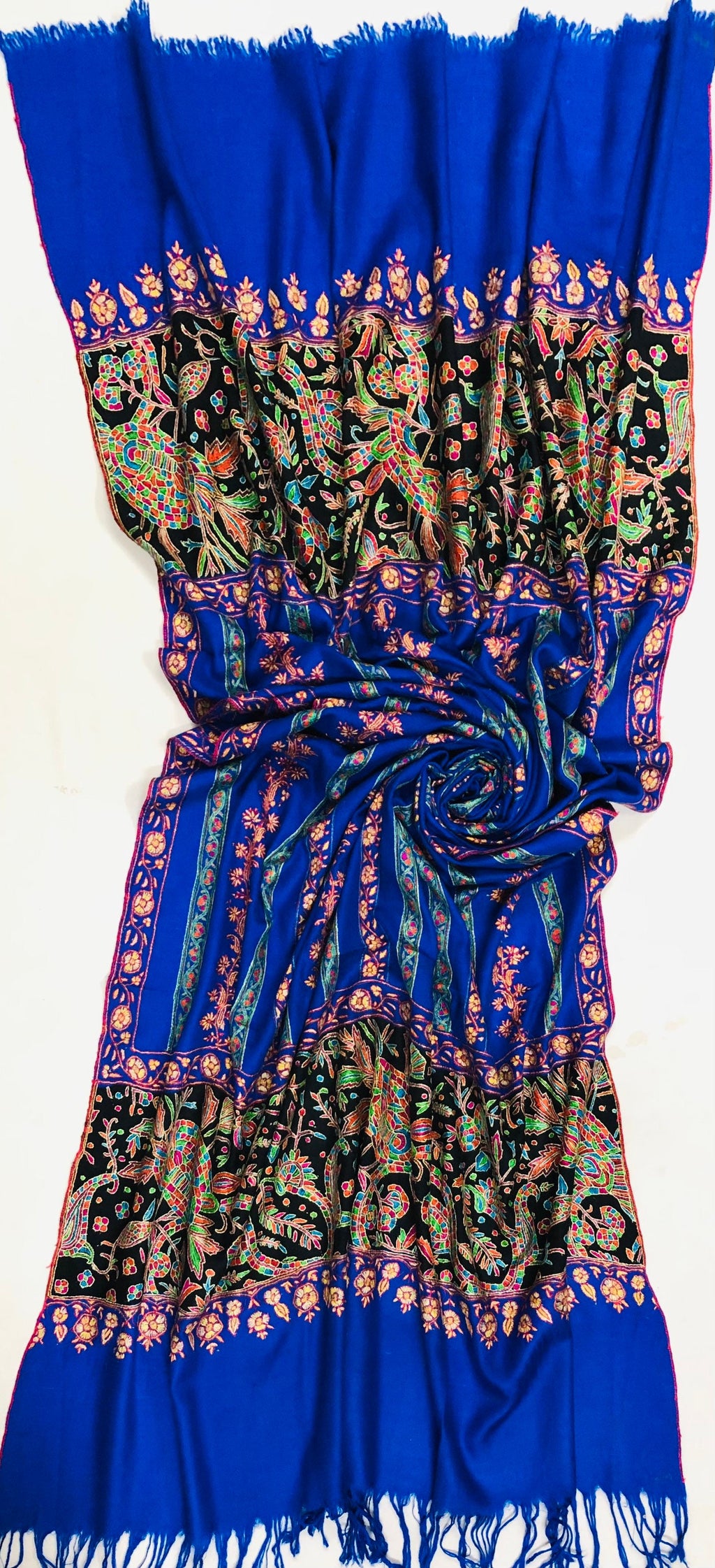 GI Handcrafted Snorkel Blue Fine Kani Kar Paisley Tree Pattern Embroidery Handwoven Real  Ladakhi Cashmere Pashmina Shawl - Mehraj Crafts 