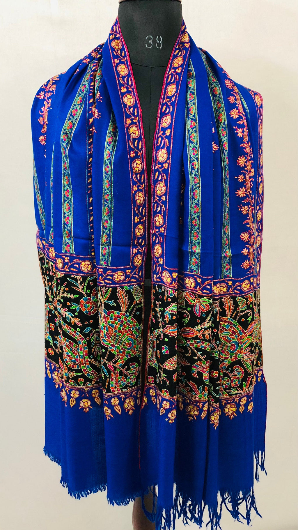 GI Handcrafted Snorkel Blue Fine Kani Kar Paisley Tree Pattern Embroidery Handwoven Real  Ladakhi Cashmere Pashmina Shawl - Mehraj Crafts 