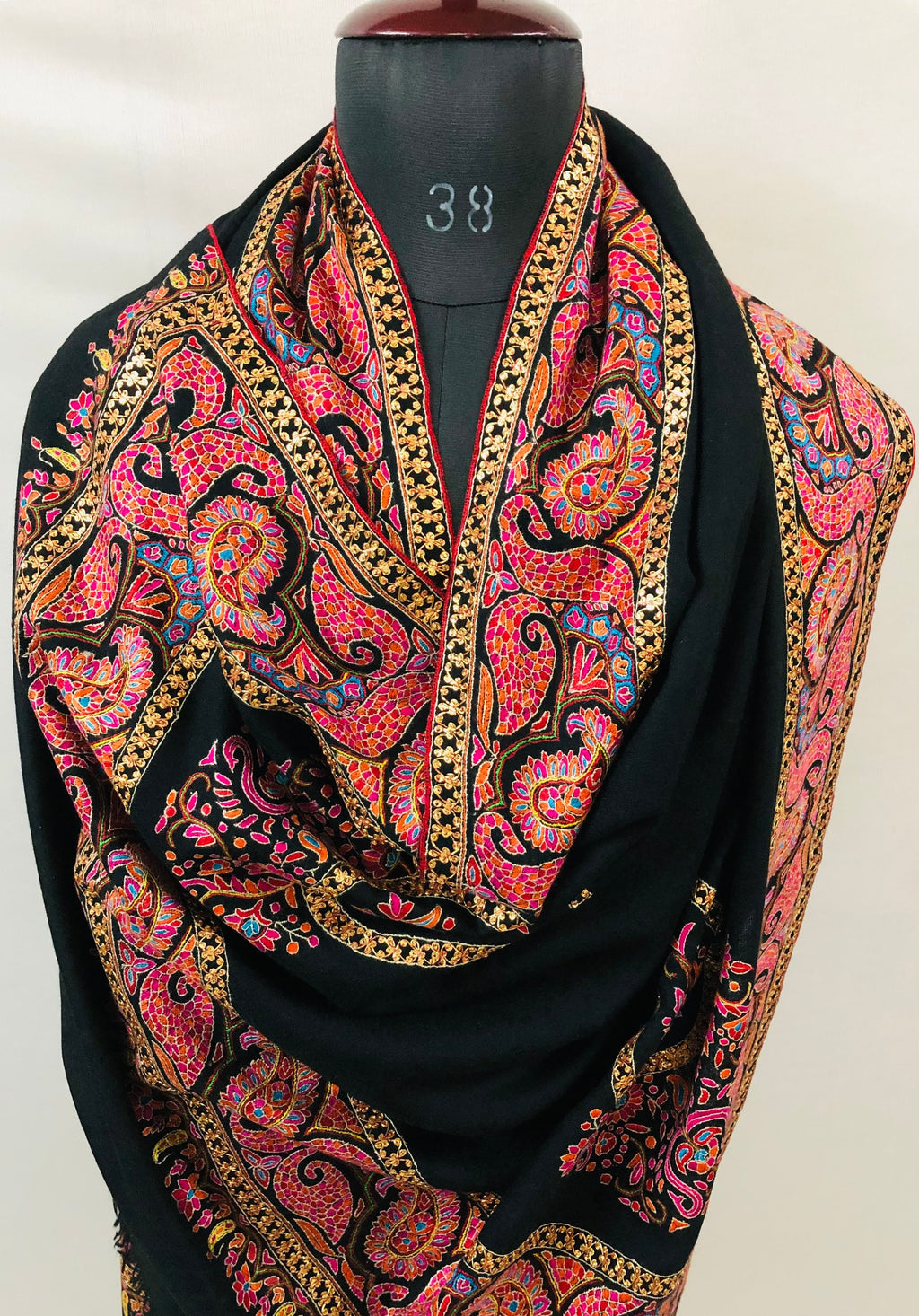 Handcrafted Cashmere Pashmina Shawl: Peacock Paisley Golden Zari Embroidery | 100x200 cms