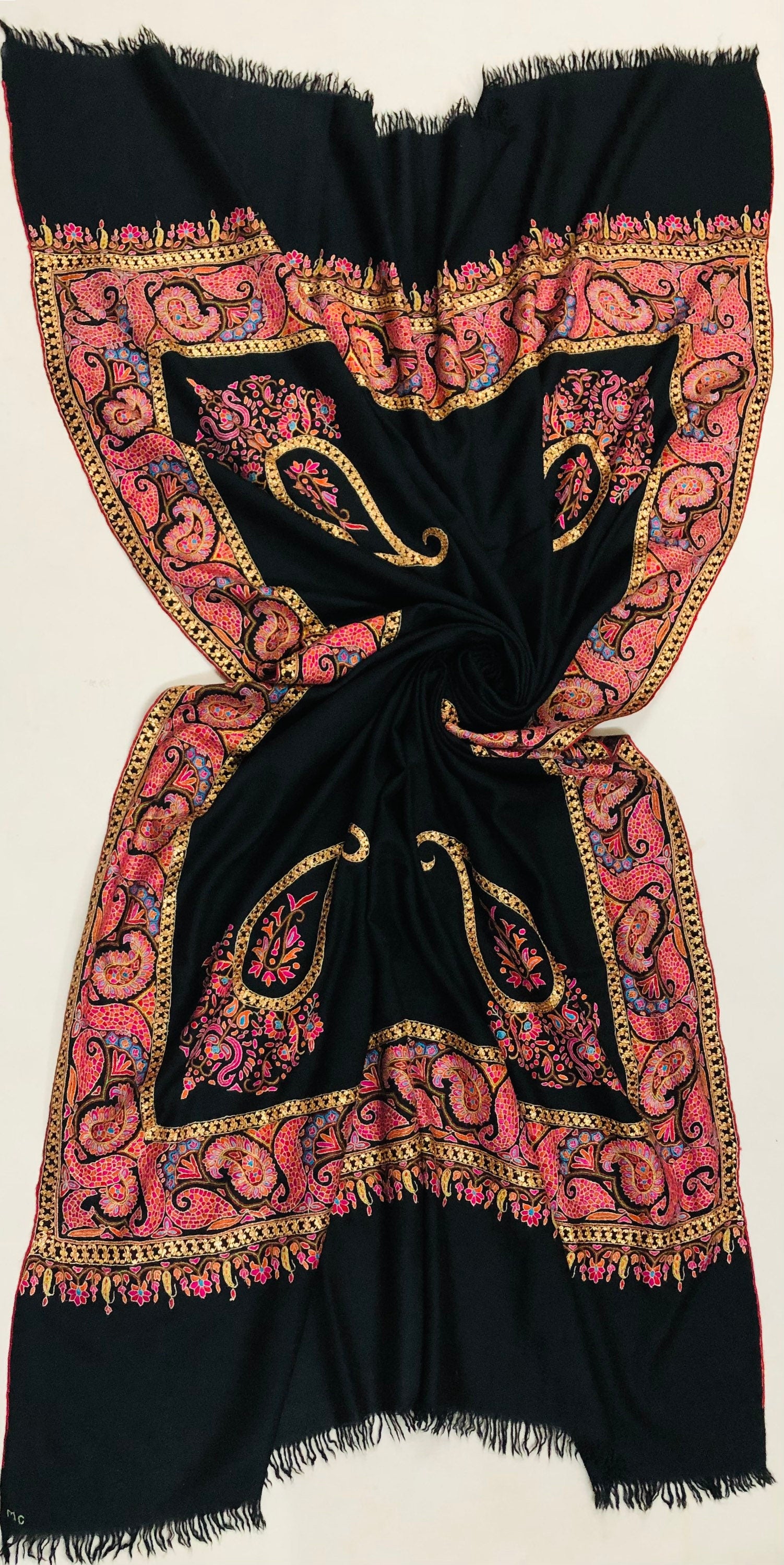 Handcrafted Cashmere Pashmina Shawl: Peacock Paisley Golden Zari Embroidery | 100x200 cms