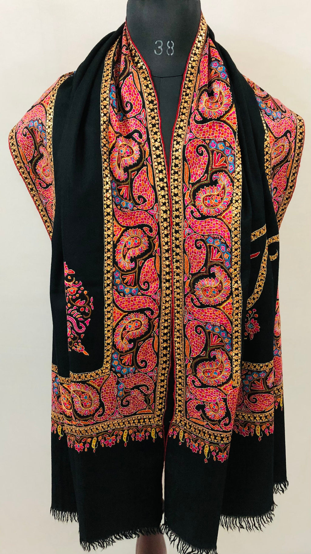 Handcrafted Cashmere Pashmina Shawl: Peacock Paisley Golden Zari Embroidery | 100x200 cms