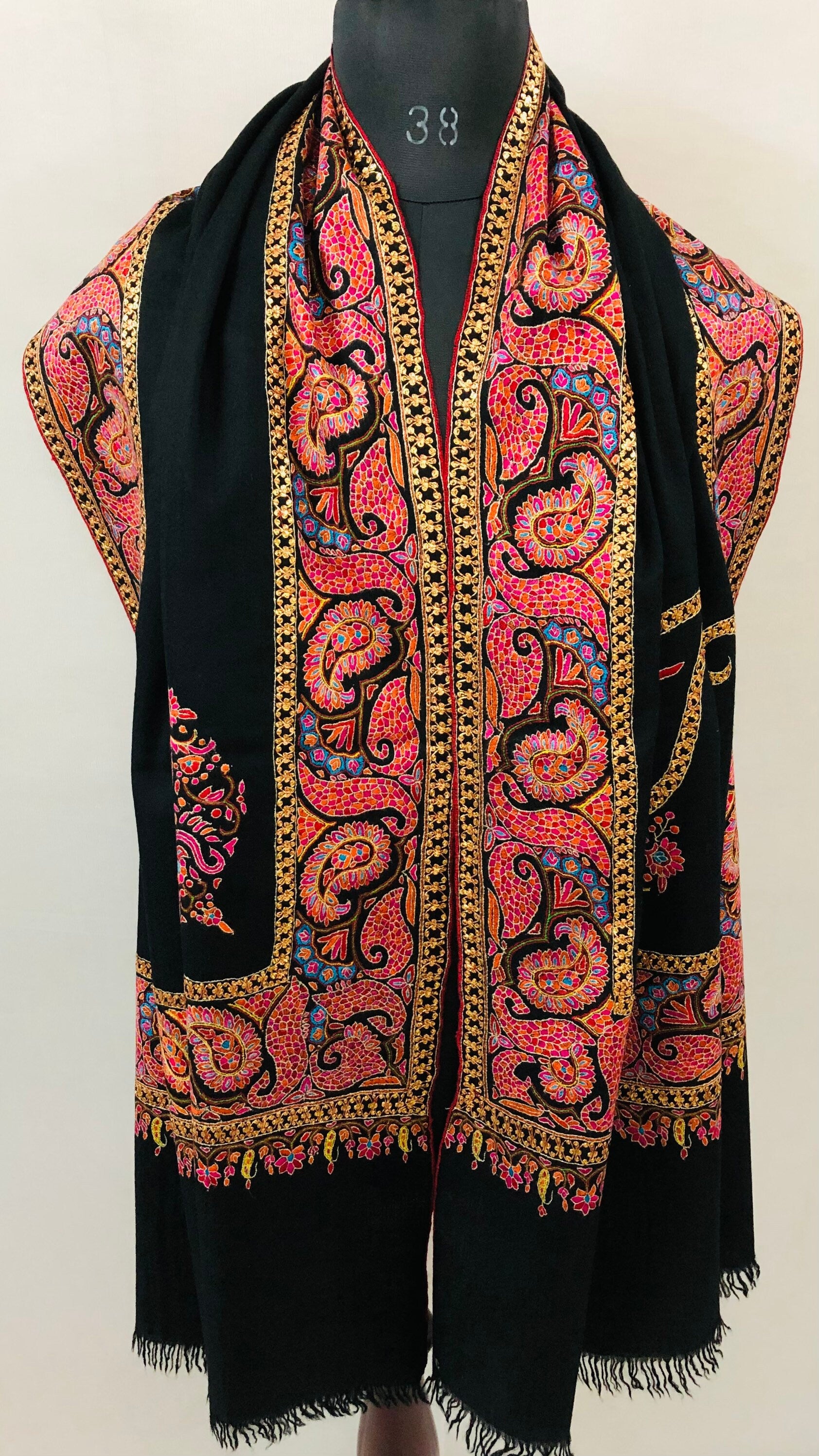 Handcrafted Cashmere Pashmina Shawl: Peacock Paisley Golden Zari Embroidery | 100x200 cms