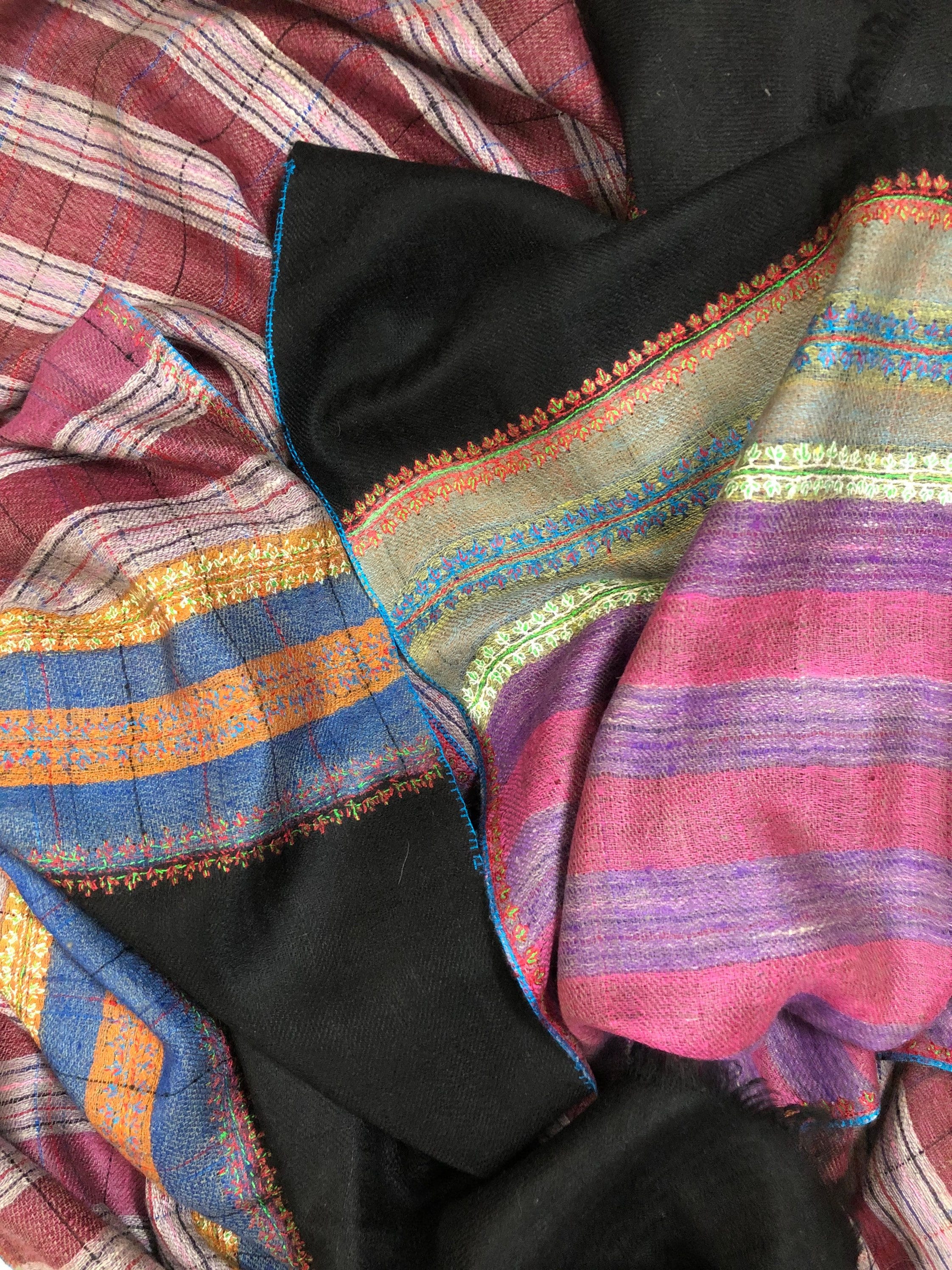 teacher gift Multicoloured Breton Stripes Hand Embroidered Real Cashmere Pashmina Stole Scarf Shawl - Mehraj Crafts 