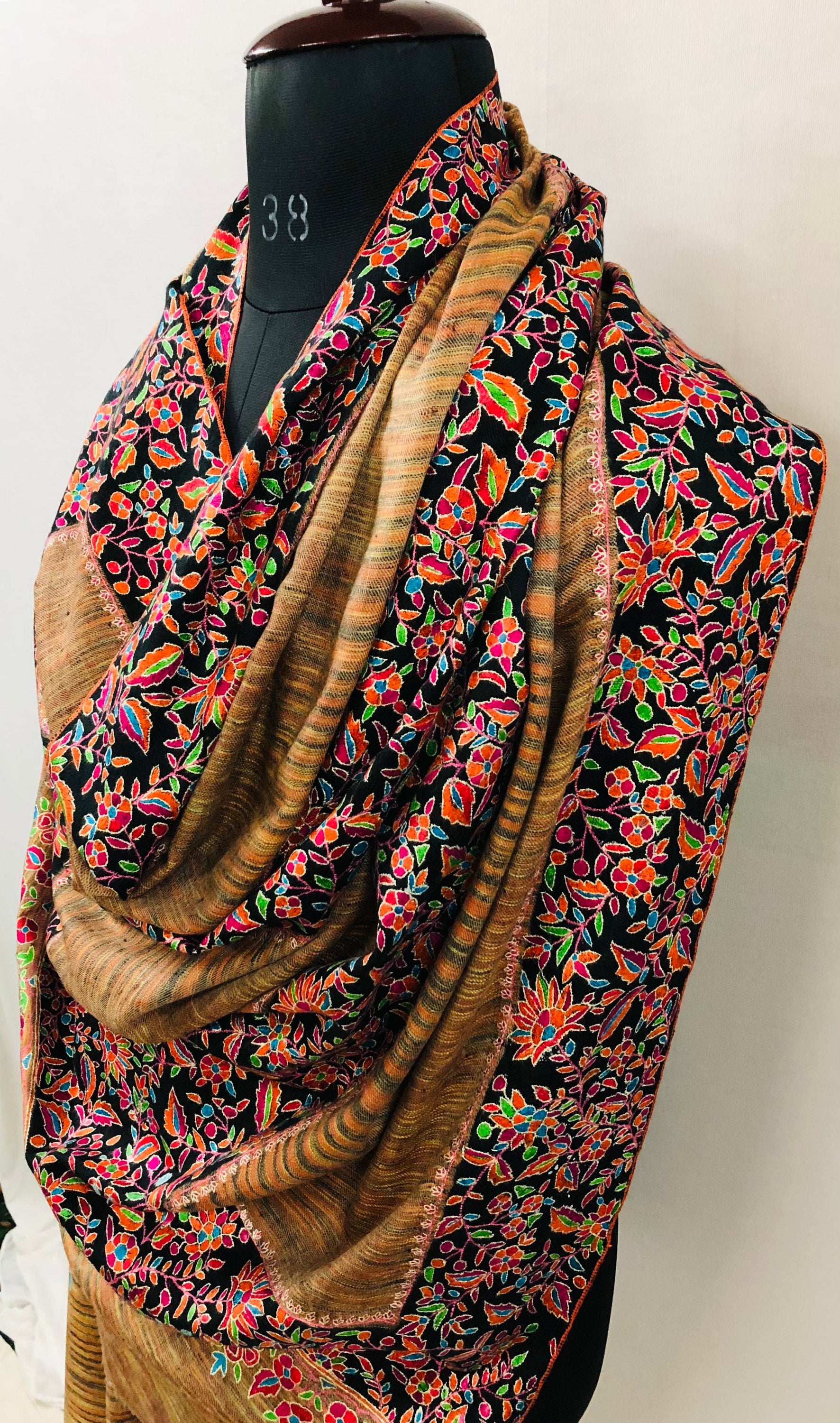 Floral GI Certified Exotica Ikkat Paper Mache Multicoloured Embroidery Handcrafted Real Cashmere Pashmina Shawl - Mehraj Crafts 
