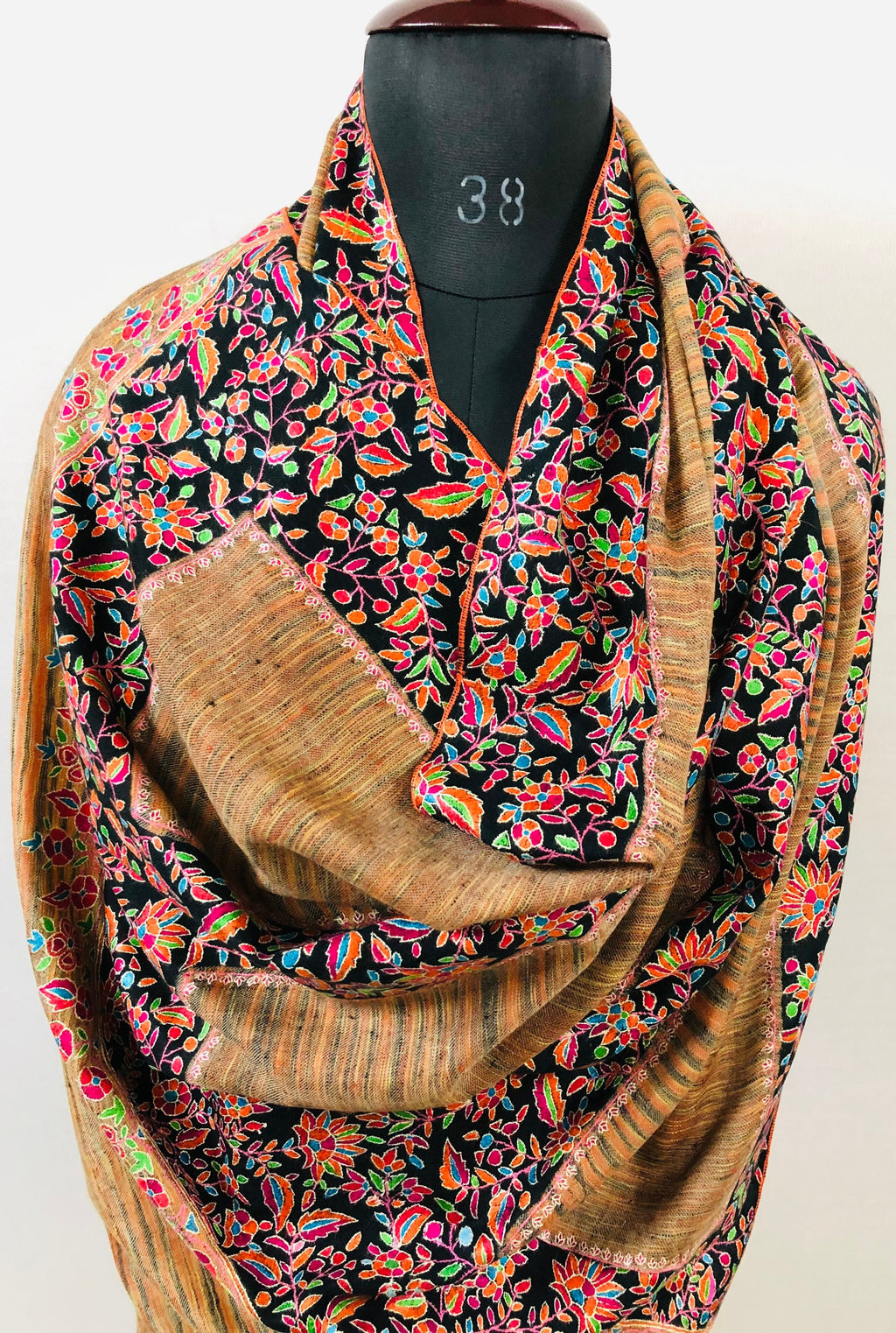 Floral GI Certified Exotica Ikkat Paper Mache Multicoloured Embroidery Handcrafted Real Cashmere Pashmina Shawl - Mehraj Crafts 
