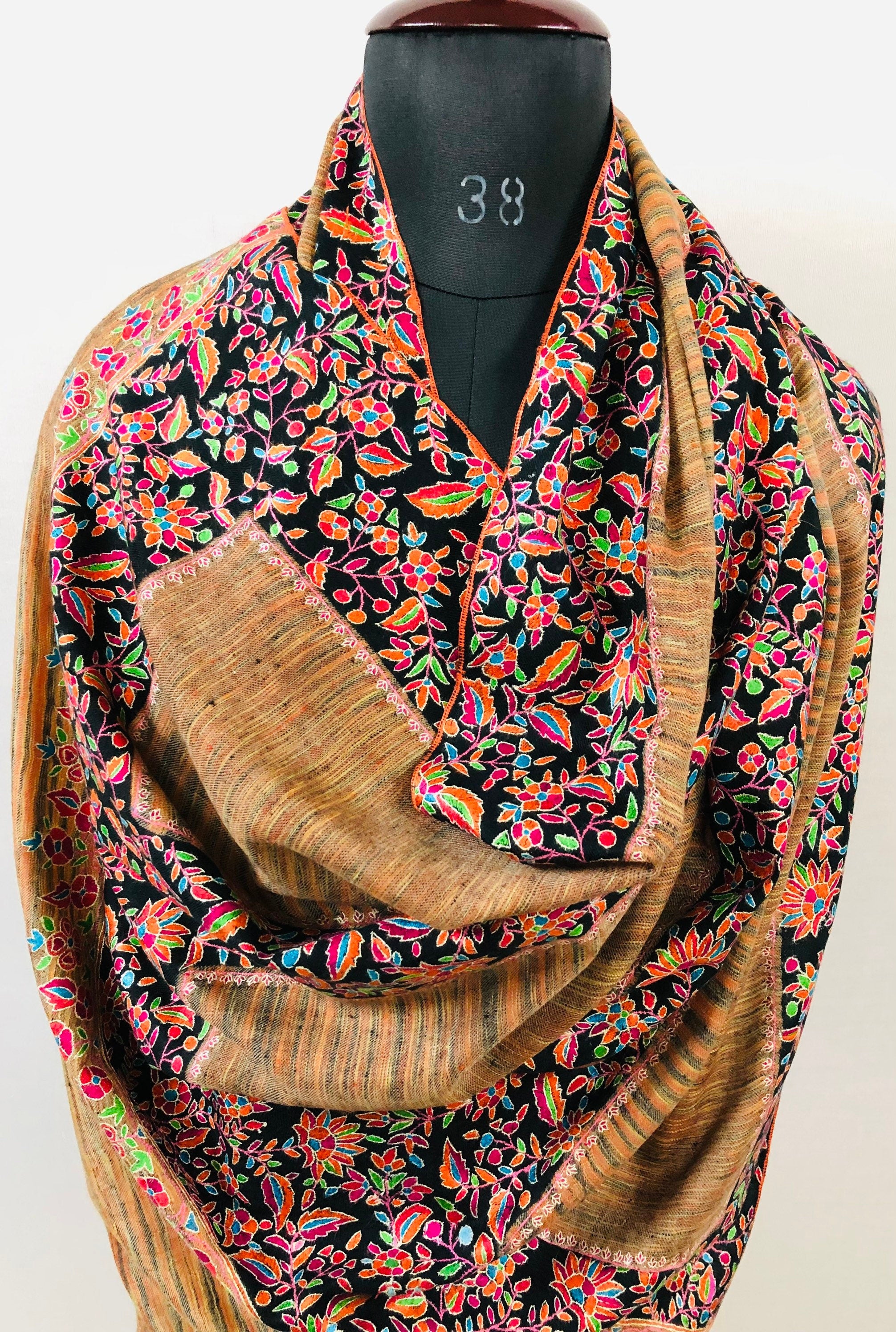 Floral GI Certified Exotica Ikkat Paper Mache Multicoloured Embroidery Handcrafted Real Cashmere Pashmina Shawl - Mehraj Crafts 