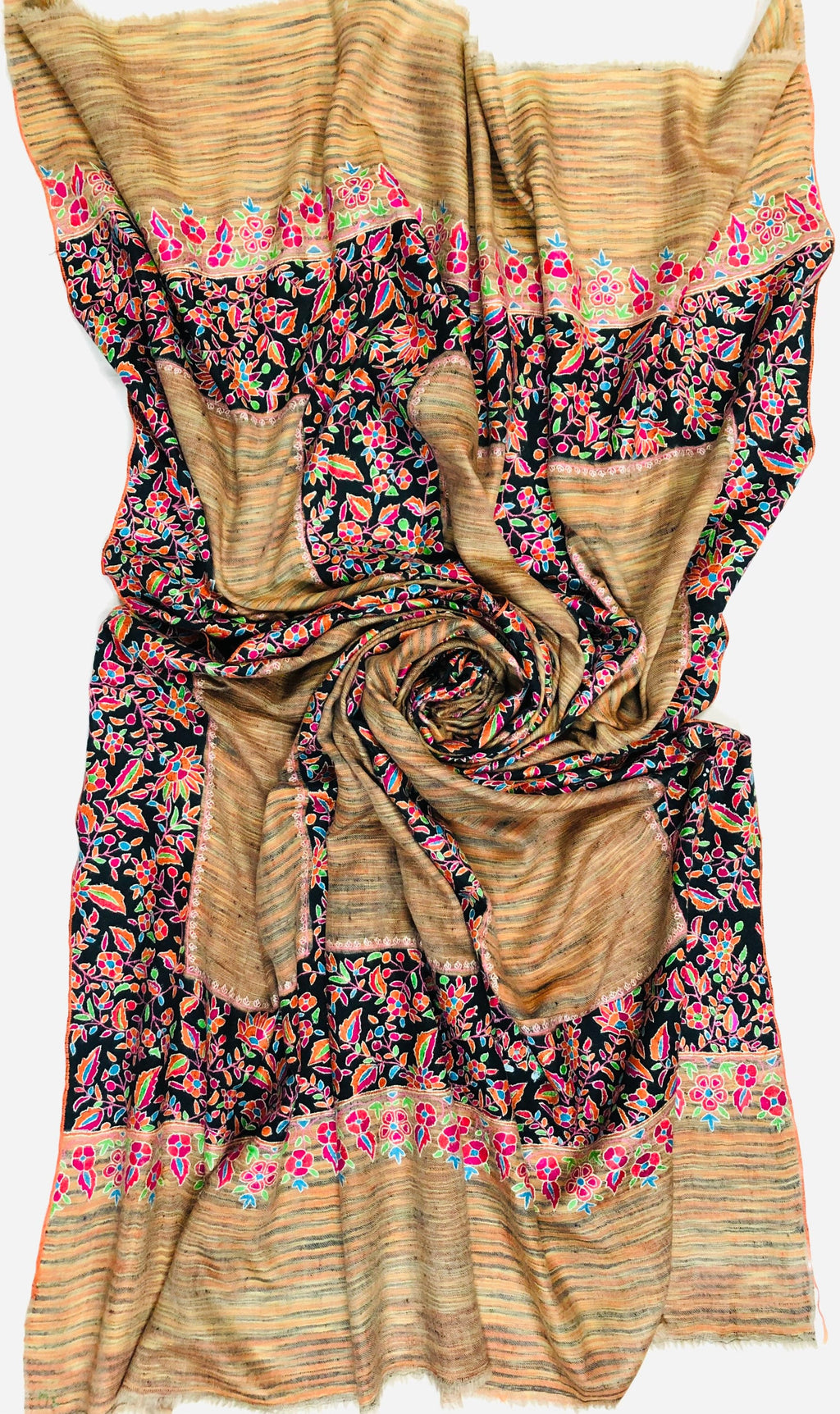 Floral GI Certified Exotica Ikkat Paper Mache Multicoloured Embroidery Handcrafted Real Cashmere Pashmina Shawl - Mehraj Crafts 