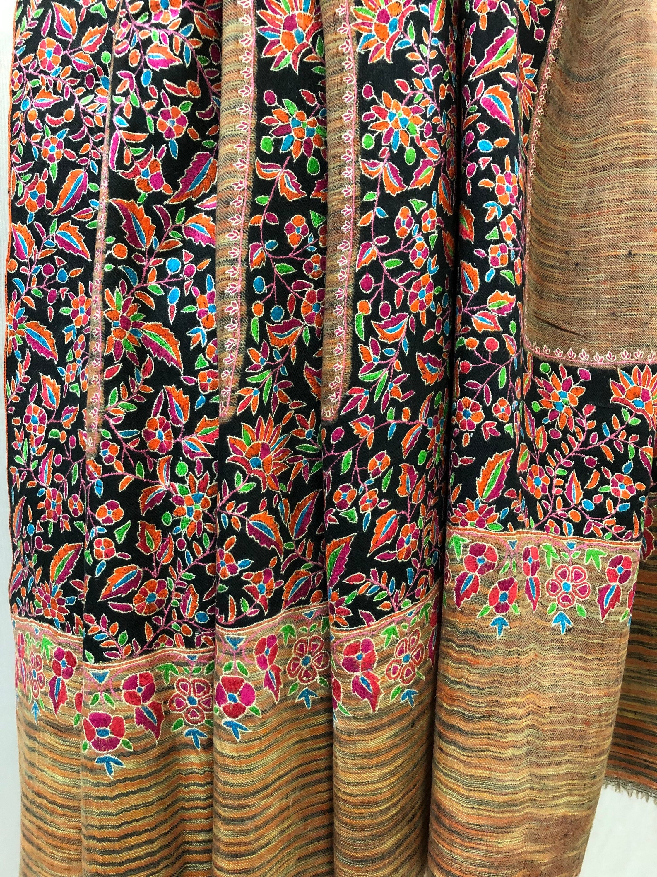 Floral GI Certified Exotica Ikkat Paper Mache Multicoloured Embroidery Handcrafted Real Cashmere Pashmina Shawl - Mehraj Crafts 