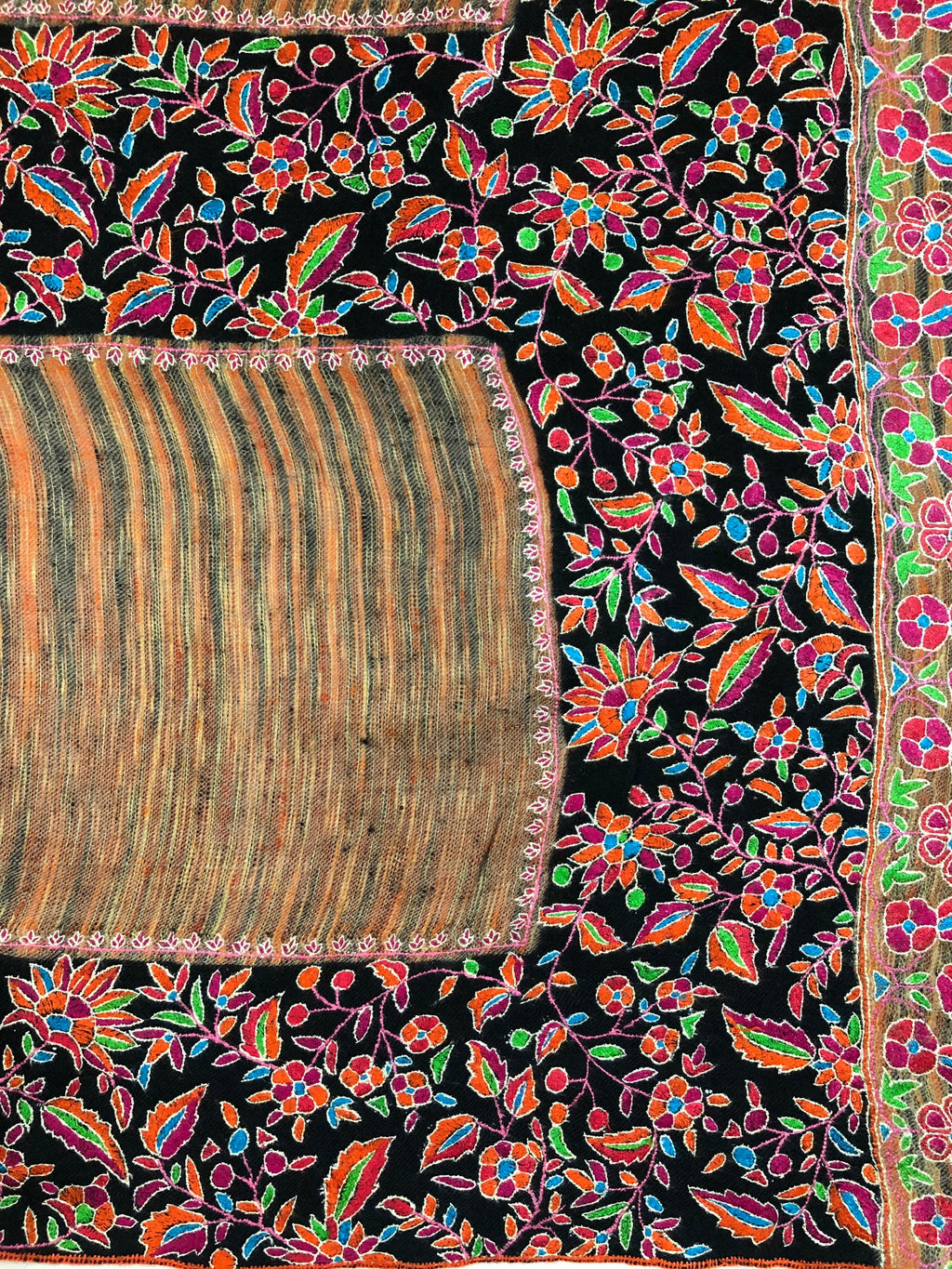 Floral GI Certified Exotica Ikkat Paper Mache Multicoloured Embroidery Handcrafted Real Cashmere Pashmina Shawl - Mehraj Crafts 