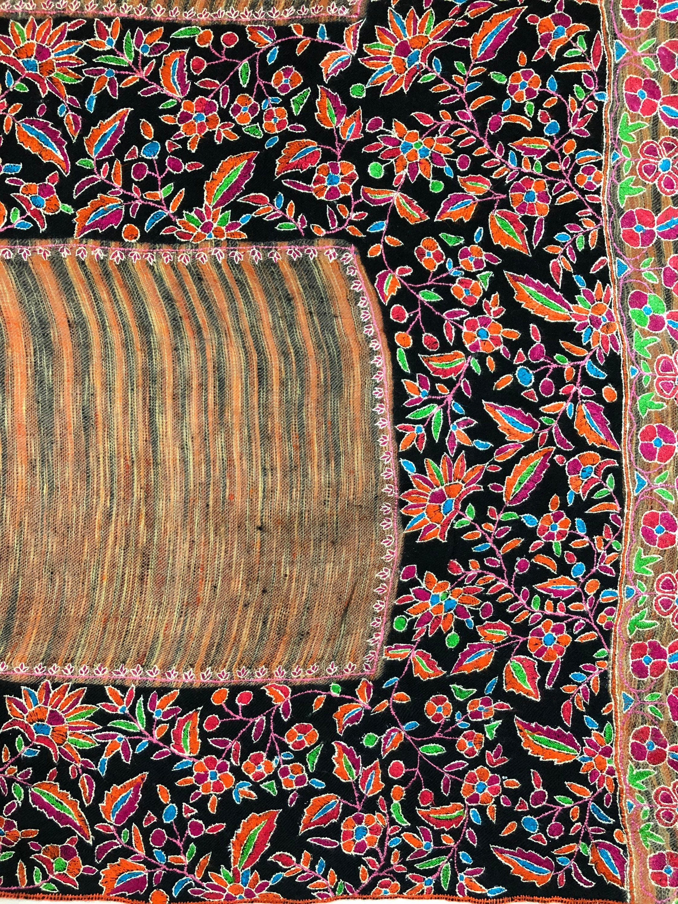 Floral GI Certified Exotica Ikkat Paper Mache Multicoloured Embroidery Handcrafted Real Cashmere Pashmina Shawl - Mehraj Crafts 