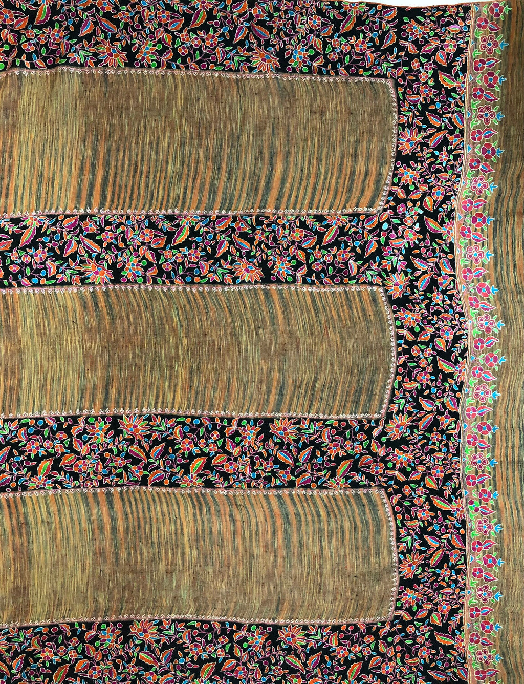 Floral GI Certified Exotica Ikkat Paper Mache Multicoloured Embroidery Handcrafted Real Cashmere Pashmina Shawl - Mehraj Crafts 