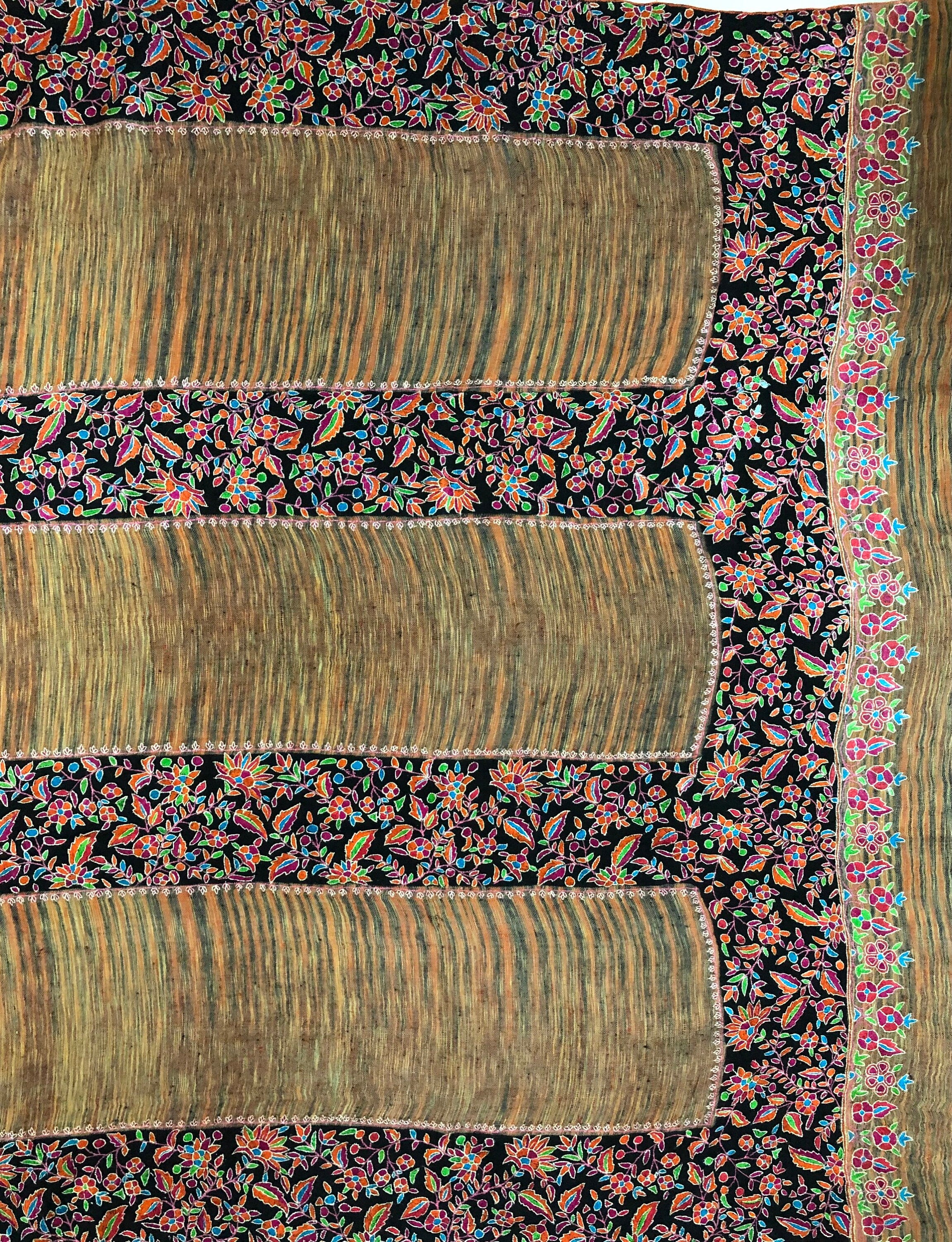 Floral GI Certified Exotica Ikkat Paper Mache Multicoloured Embroidery Handcrafted Real Cashmere Pashmina Shawl - Mehraj Crafts 