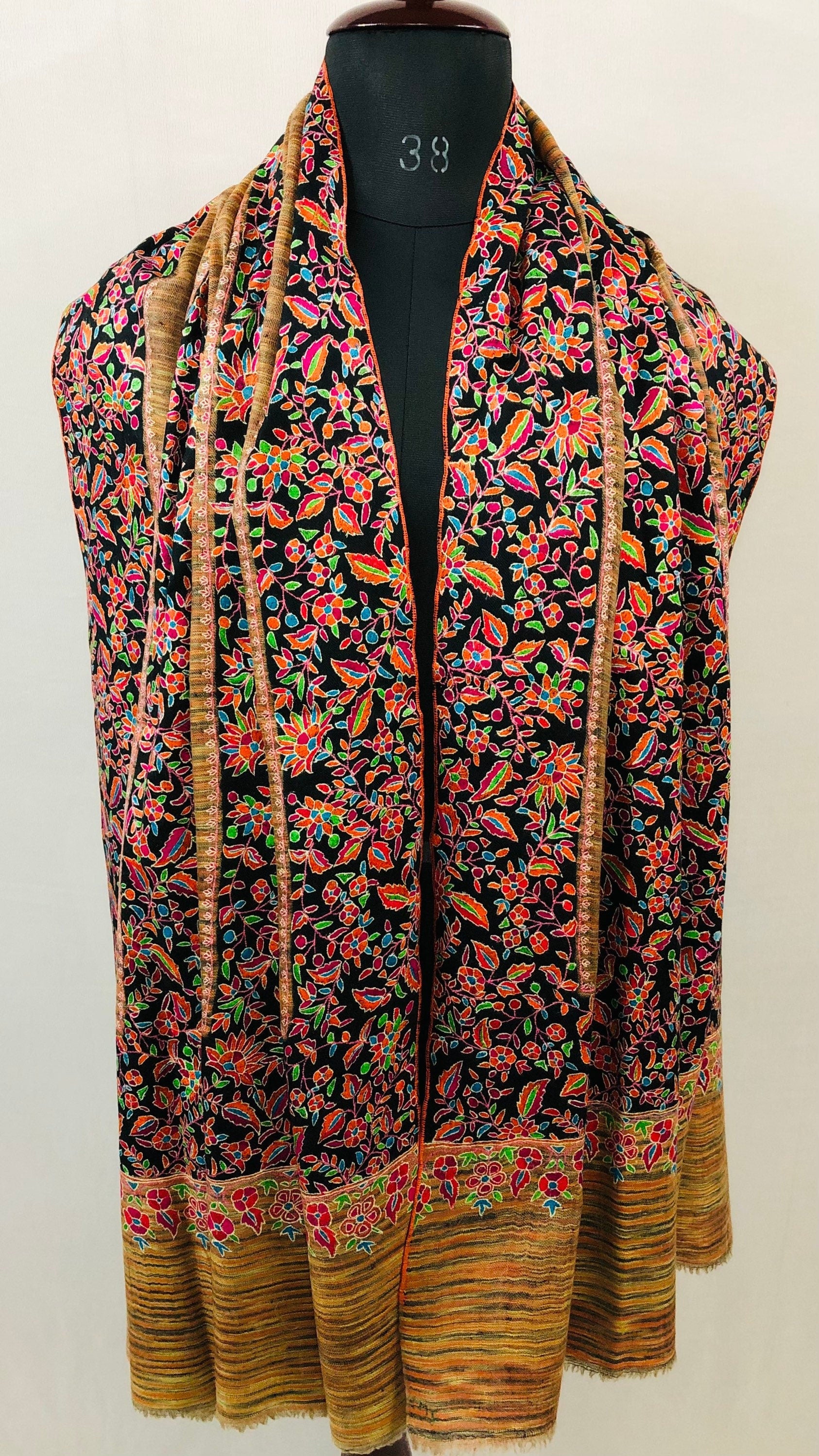 Floral GI Certified Exotica Ikkat Paper Mache Multicoloured Embroidery Handcrafted Real Cashmere Pashmina Shawl - Mehraj Crafts 