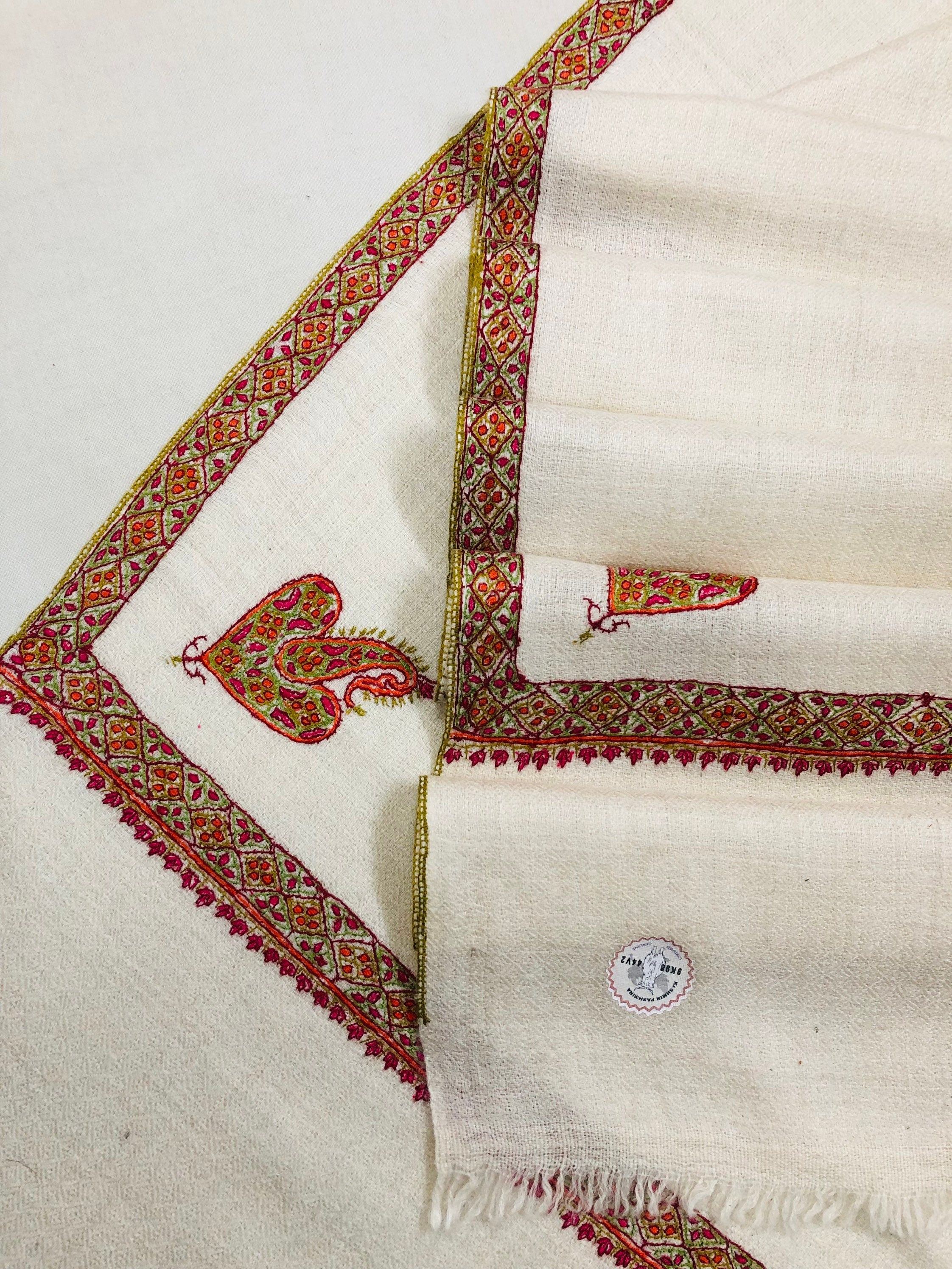 GI Stamped Antique White Sozni Embroidered Border Handmade Real Cashmere Pashmina Stole - Mehraj Crafts 