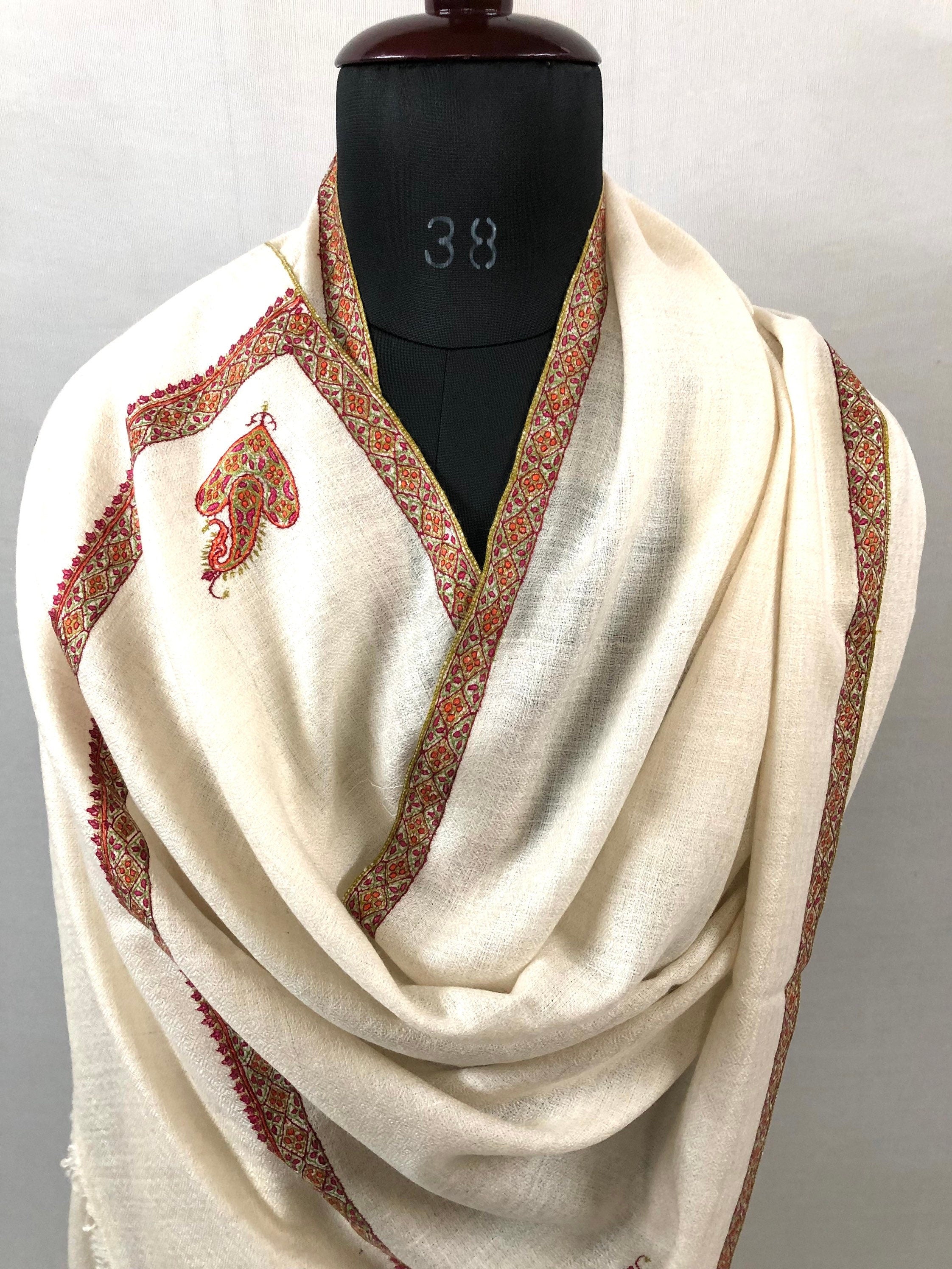 GI Stamped Antique White Sozni Embroidered Border Handmade Real Cashmere Pashmina Stole - Mehraj Crafts 
