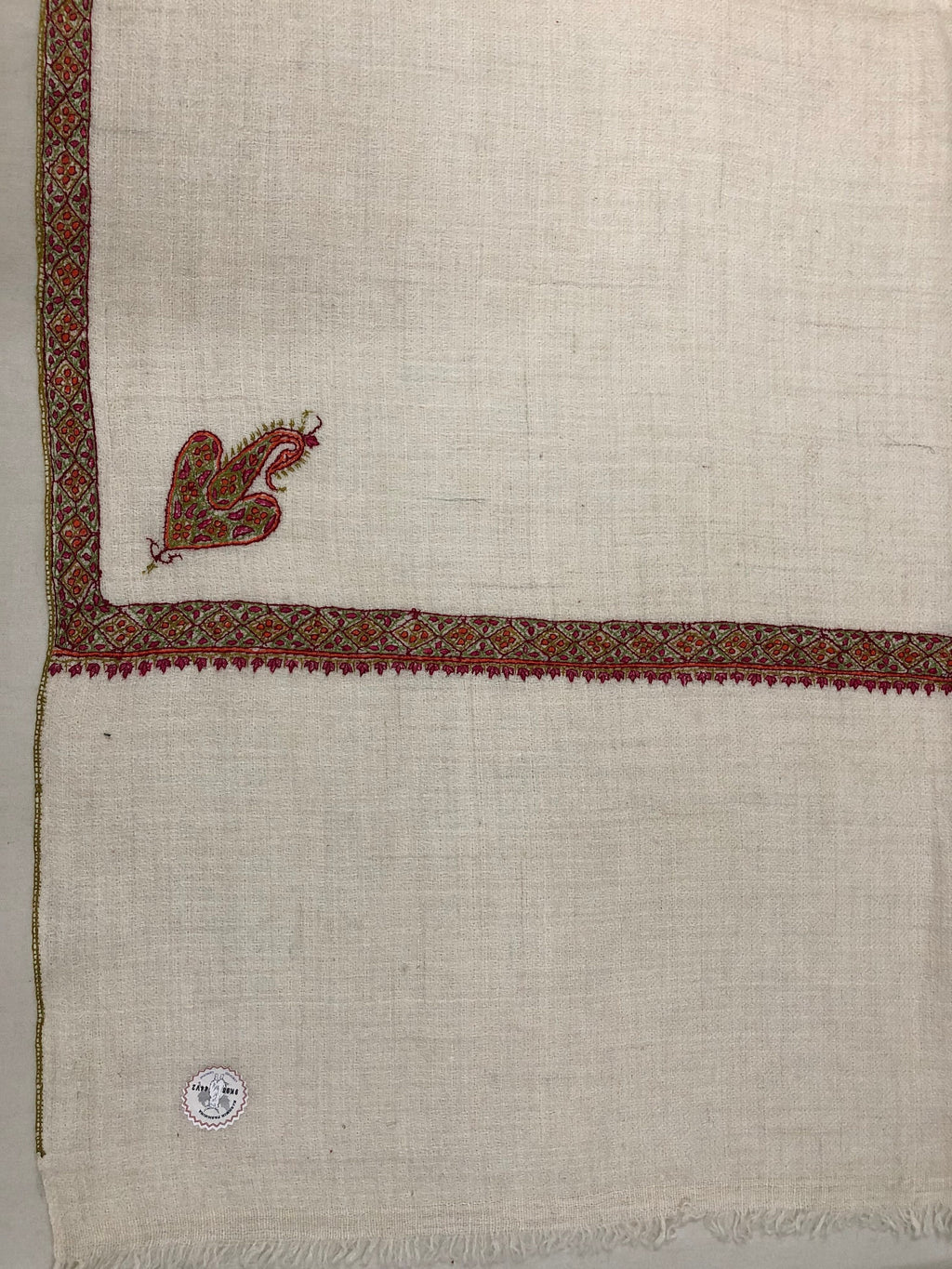 GI Stamped Antique White Sozni Embroidered Border Handmade Real Cashmere Pashmina Stole - Mehraj Crafts 