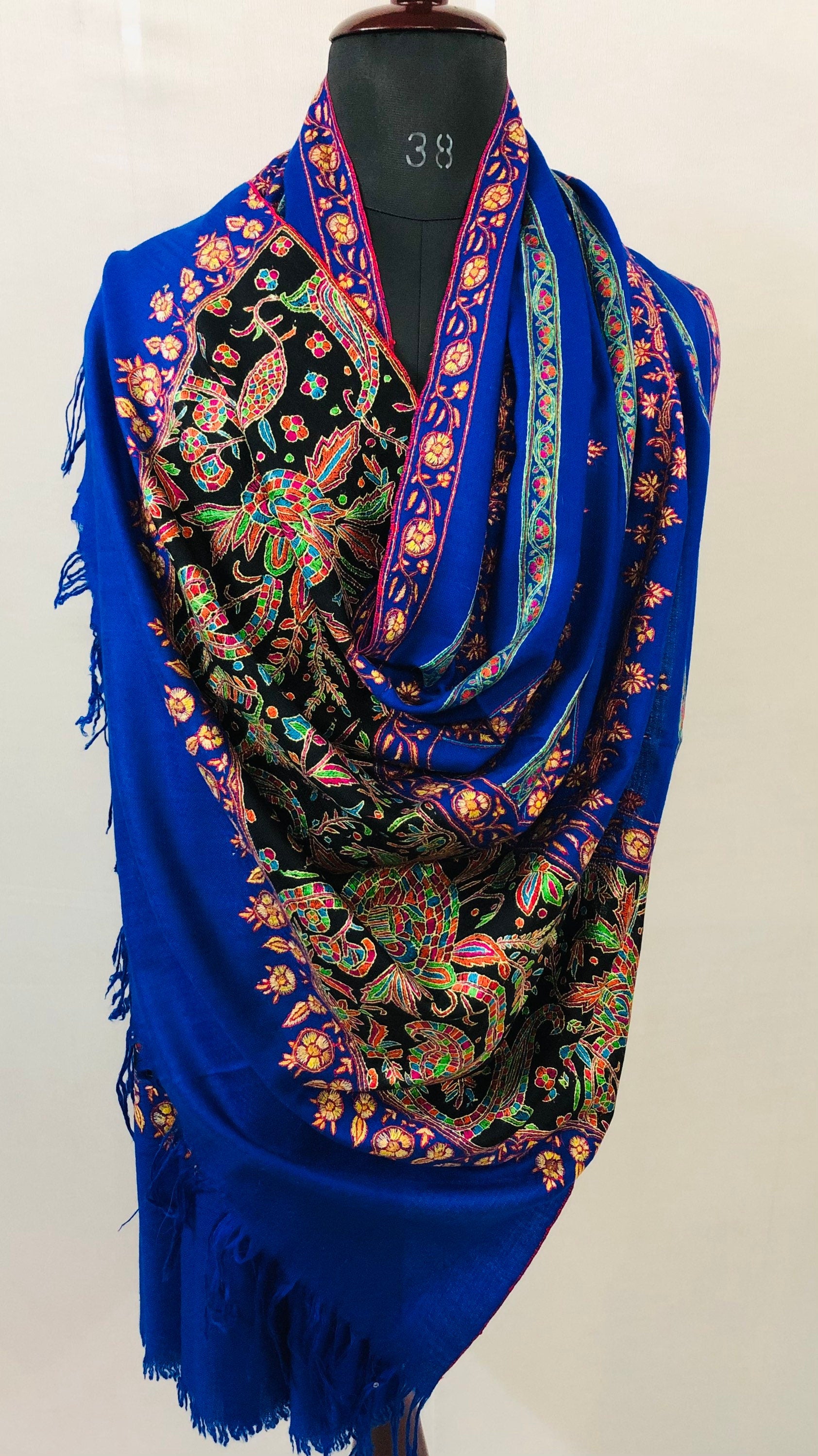 GI Handcrafted Snorkel Blue Fine Kani Kar Paisley Tree Pattern Embroidery Handwoven Real  Ladakhi Cashmere Pashmina Shawl - Mehraj Crafts 