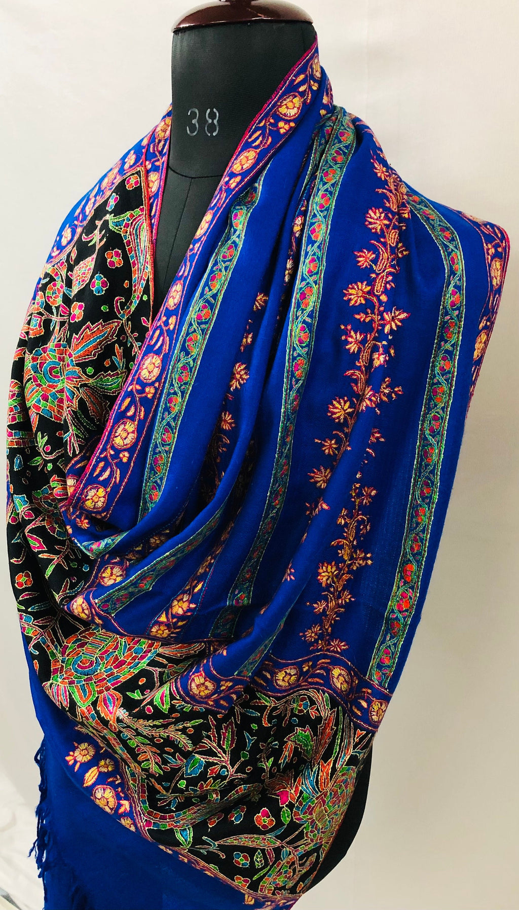 GI Handcrafted Snorkel Blue Fine Kani Kar Paisley Tree Pattern Embroidery Handwoven Real  Ladakhi Cashmere Pashmina Shawl - Mehraj Crafts 