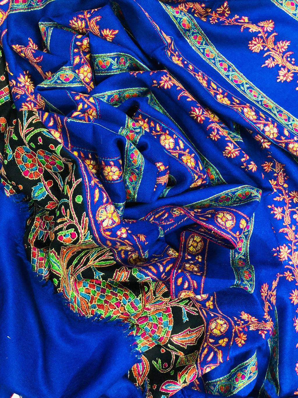 GI Handcrafted Snorkel Blue Fine Kani Kar Paisley Tree Pattern Embroidery Handwoven Real  Ladakhi Cashmere Pashmina Shawl - Mehraj Crafts 
