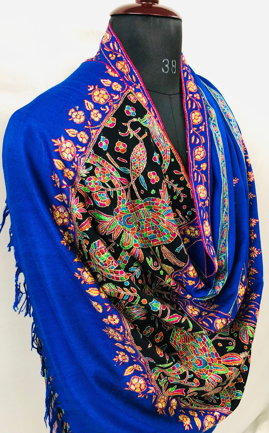 GI Handcrafted Snorkel Blue Fine Kani Kar Paisley Tree Pattern Embroidery Handwoven Real  Ladakhi Cashmere Pashmina Shawl - Mehraj Crafts 
