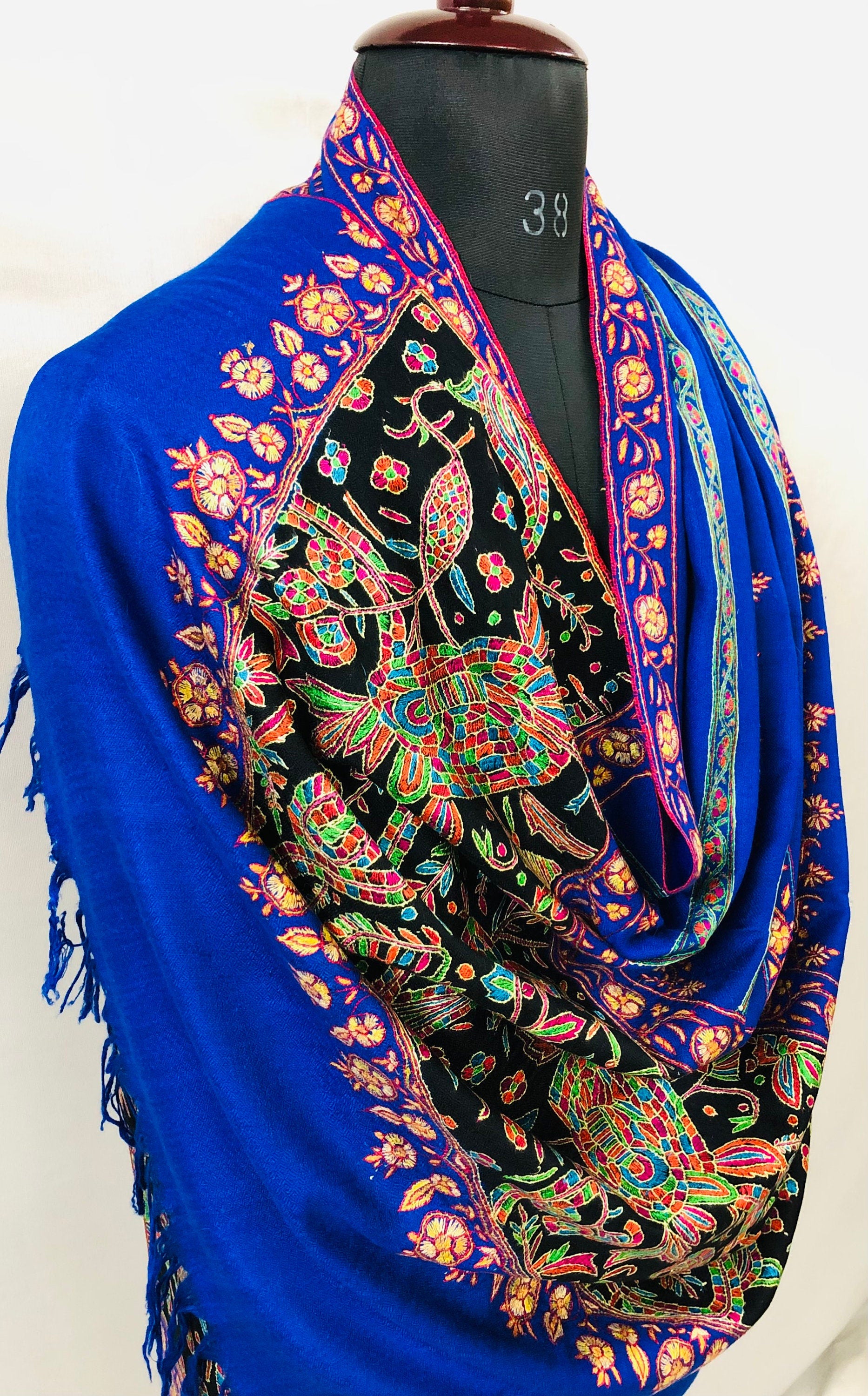 GI Handcrafted Snorkel Blue Fine Kani Kar Paisley Tree Pattern Embroidery Handwoven Real  Ladakhi Cashmere Pashmina Shawl - Mehraj Crafts 