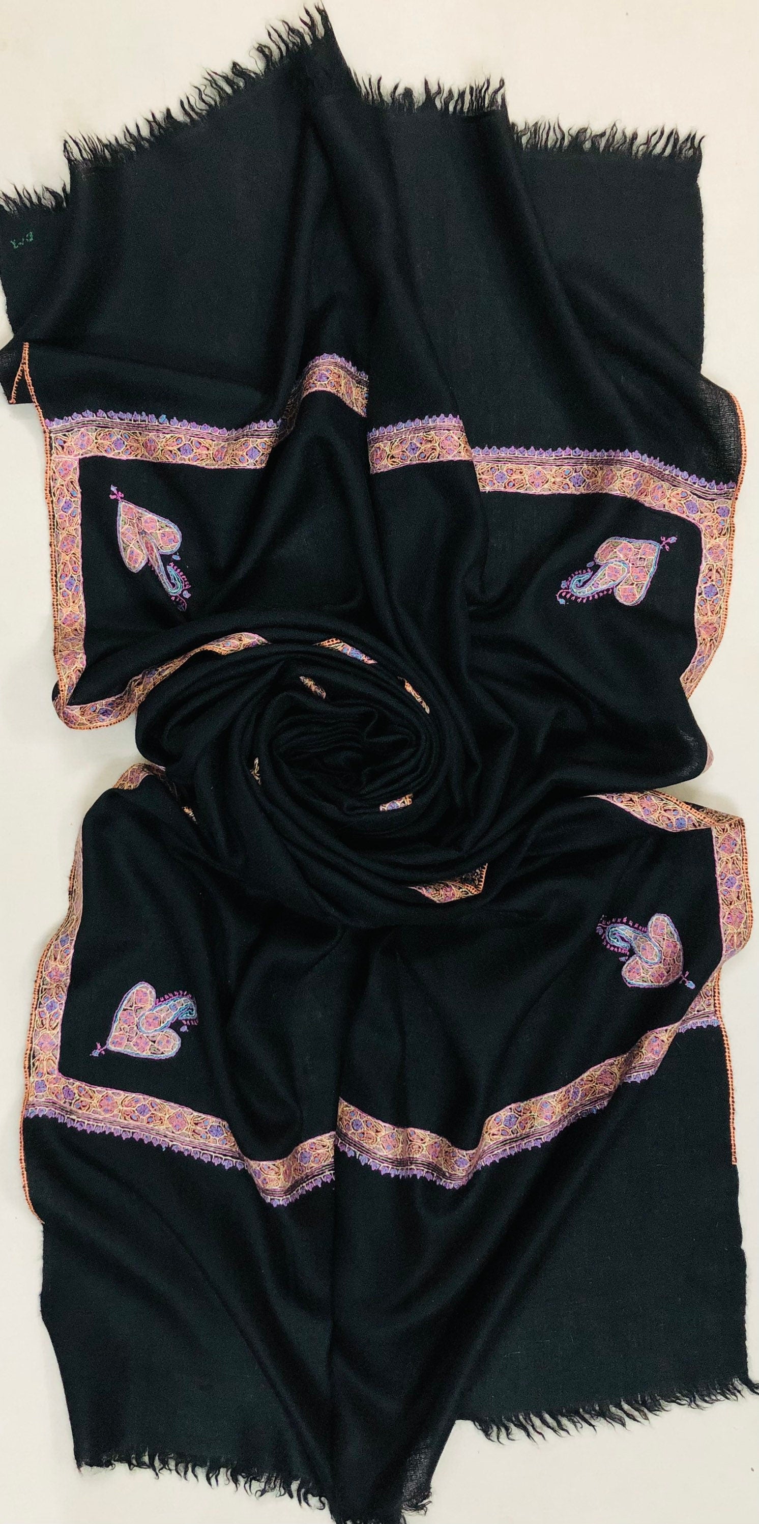 Pashmina christmas dayCaviar Sozni Hand Embroidered Border Handwoven Real Cashmere Pashmina Stole Scarf Shawl - Mehraj Crafts 