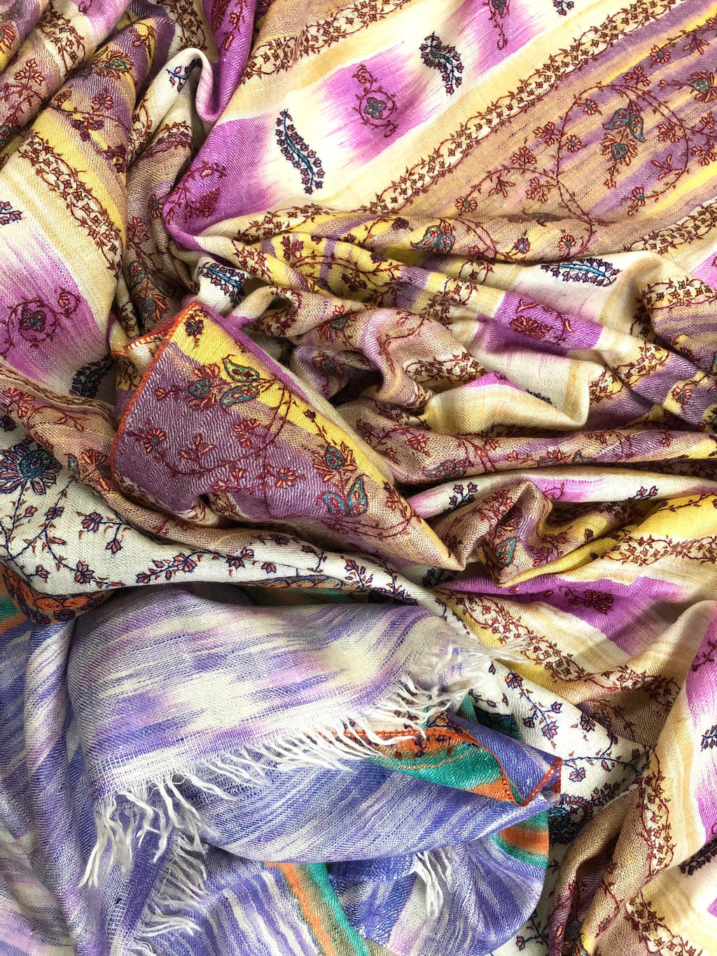 Pale Iris Ikkat Weave Pattern Sozni Embroidered Handmade Real Cashmere Pashmina Stole - Mehraj Crafts 