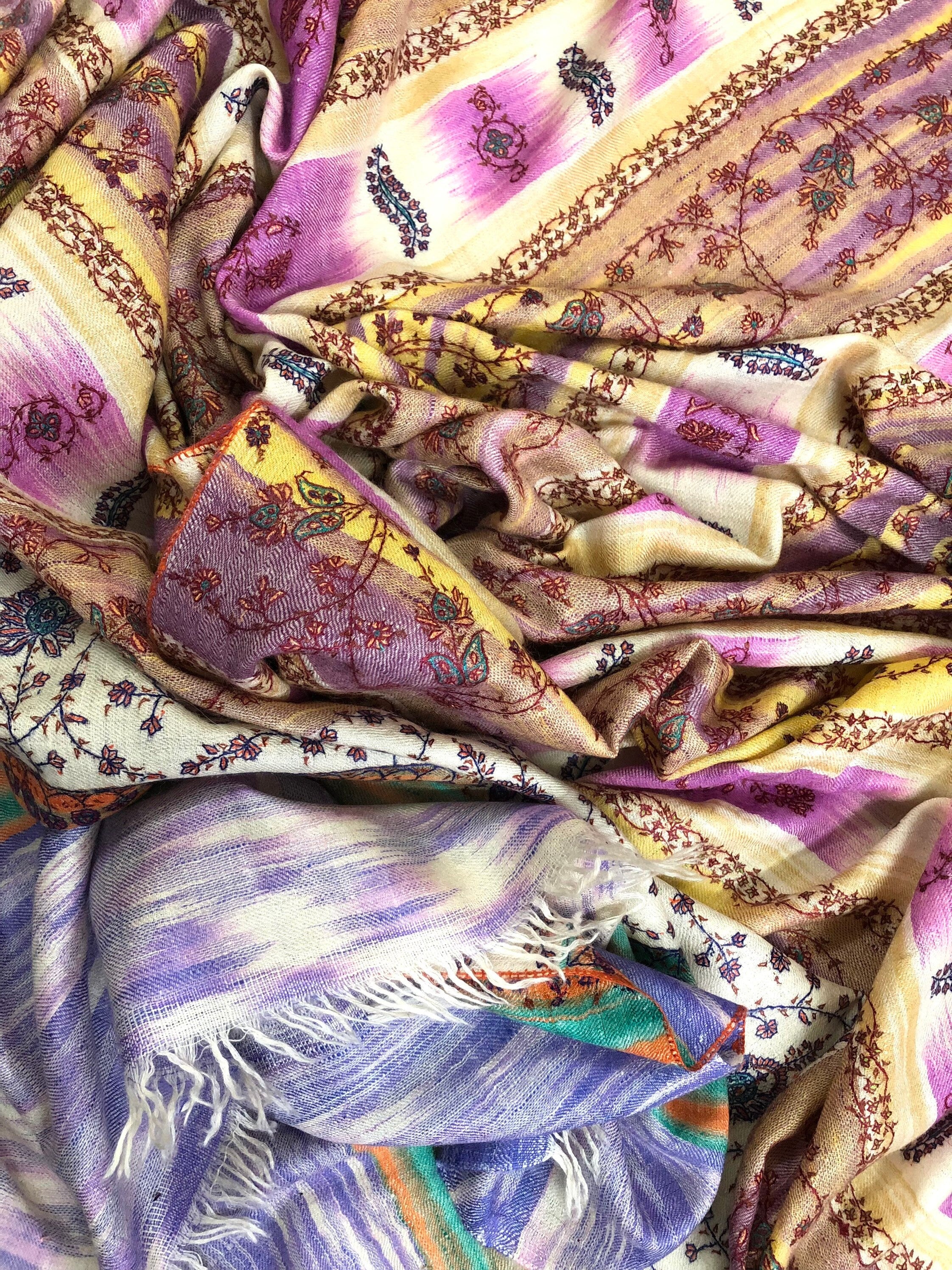 Pale Iris Ikkat Weave Pattern Sozni Embroidered Handmade Real Cashmere Pashmina Stole - Mehraj Crafts 