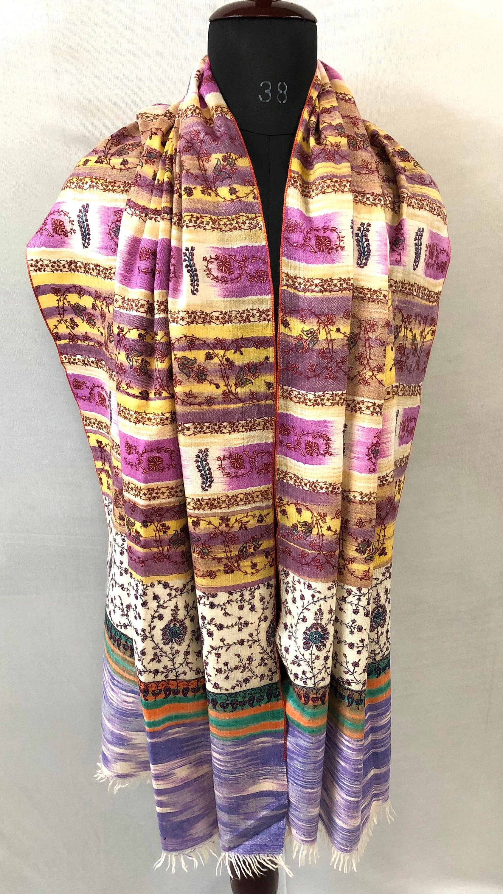 Pale Iris Ikkat Weave Pattern Sozni Embroidered Handmade Real Cashmere Pashmina Stole - Mehraj Crafts 