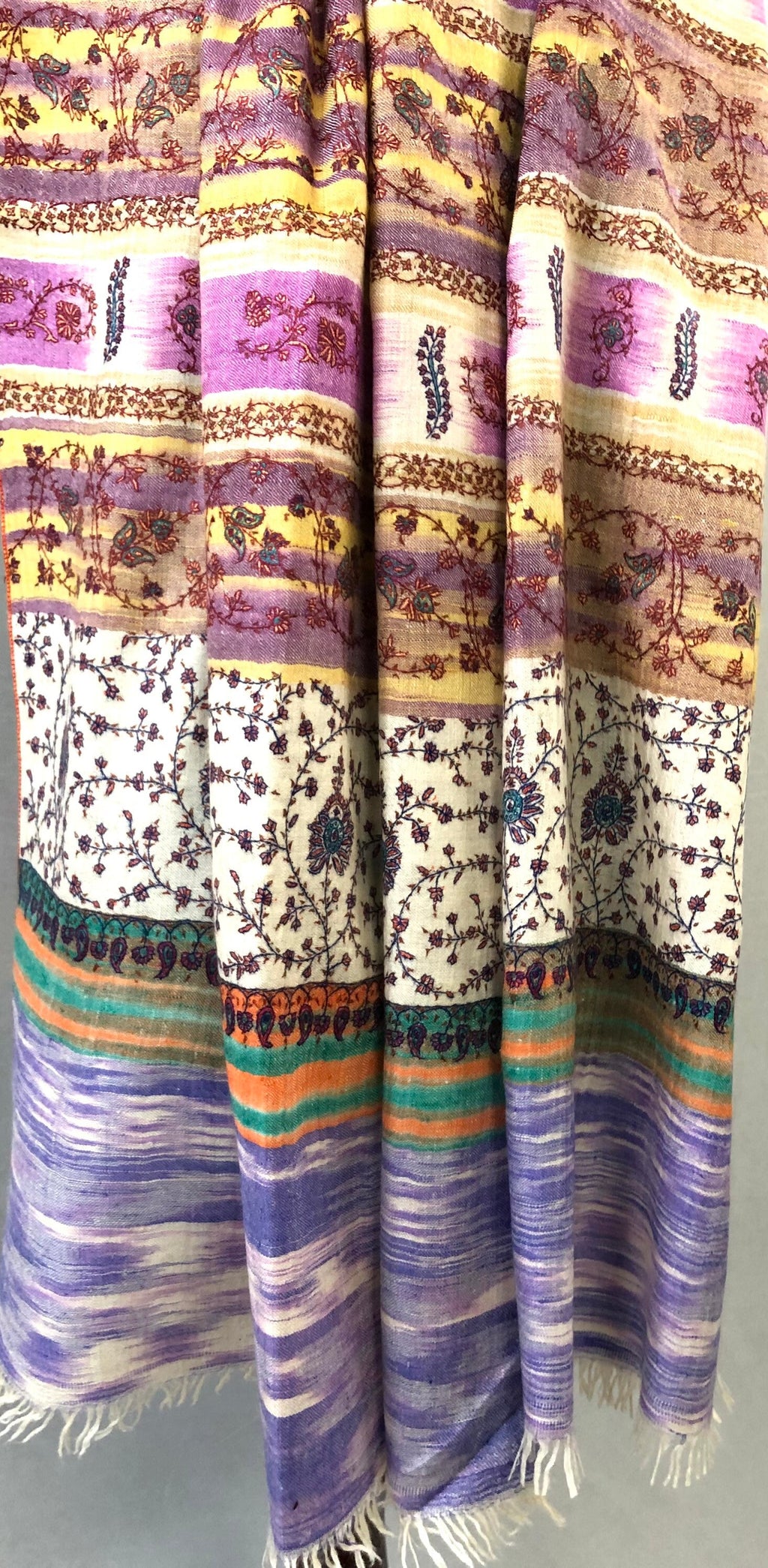 Pale Iris Ikkat Weave Pattern Sozni Embroidered Handmade Real Cashmere Pashmina Stole - Mehraj Crafts 