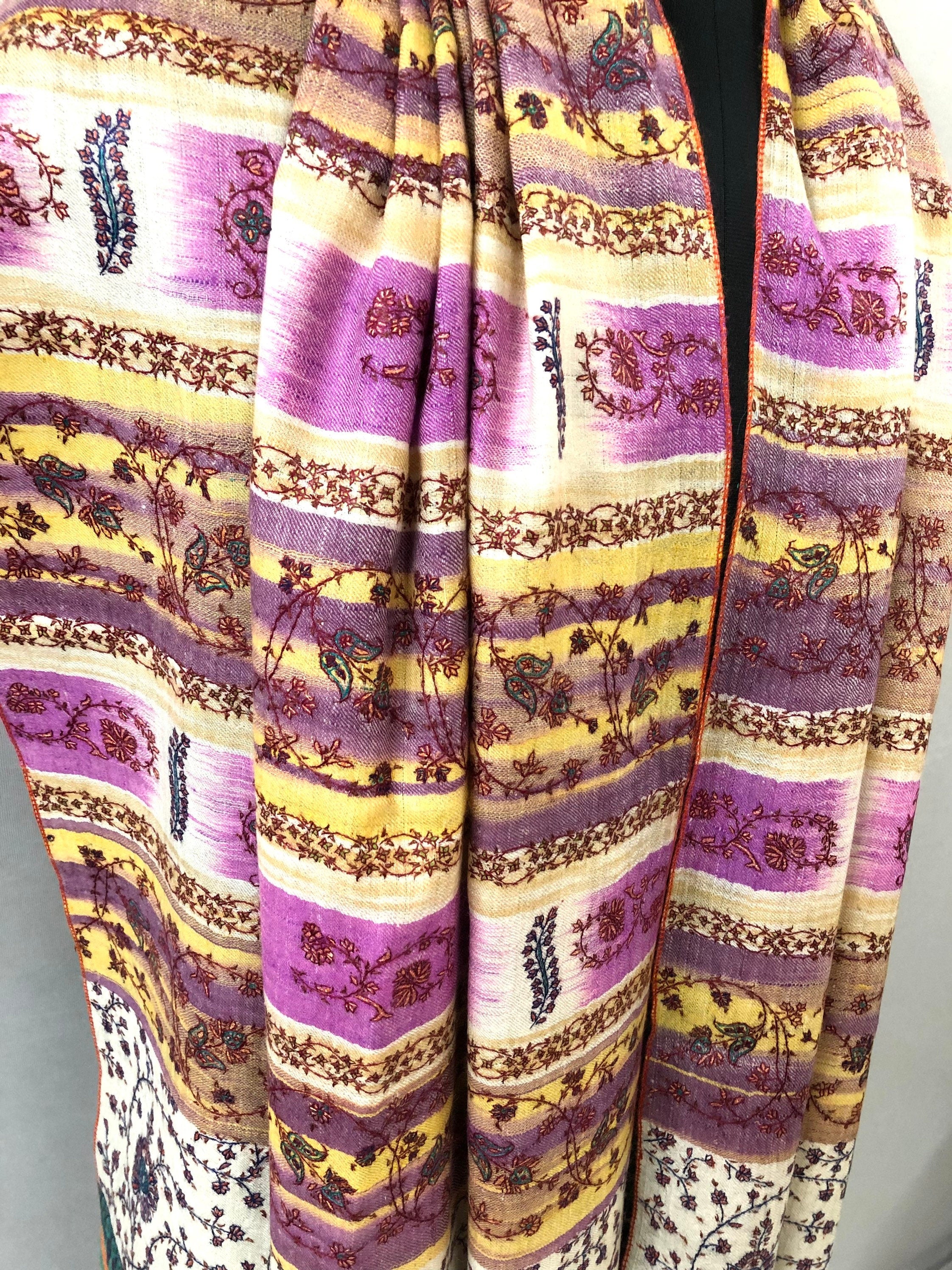 Pale Iris Ikkat Weave Pattern Sozni Embroidered Handmade Real Cashmere Pashmina Stole - Mehraj Crafts 