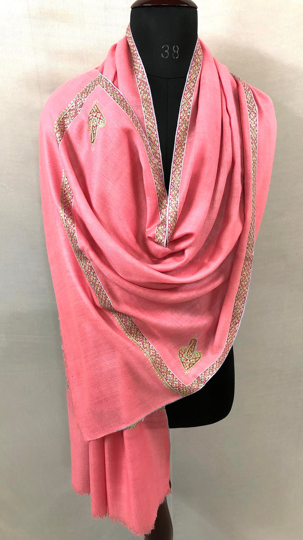 Cashmere Strawberry Pink Sozni Hand Embroidered Border Handwoven Real Cashmere Pashmina Stole Scarf Shawl - Mehraj Crafts 