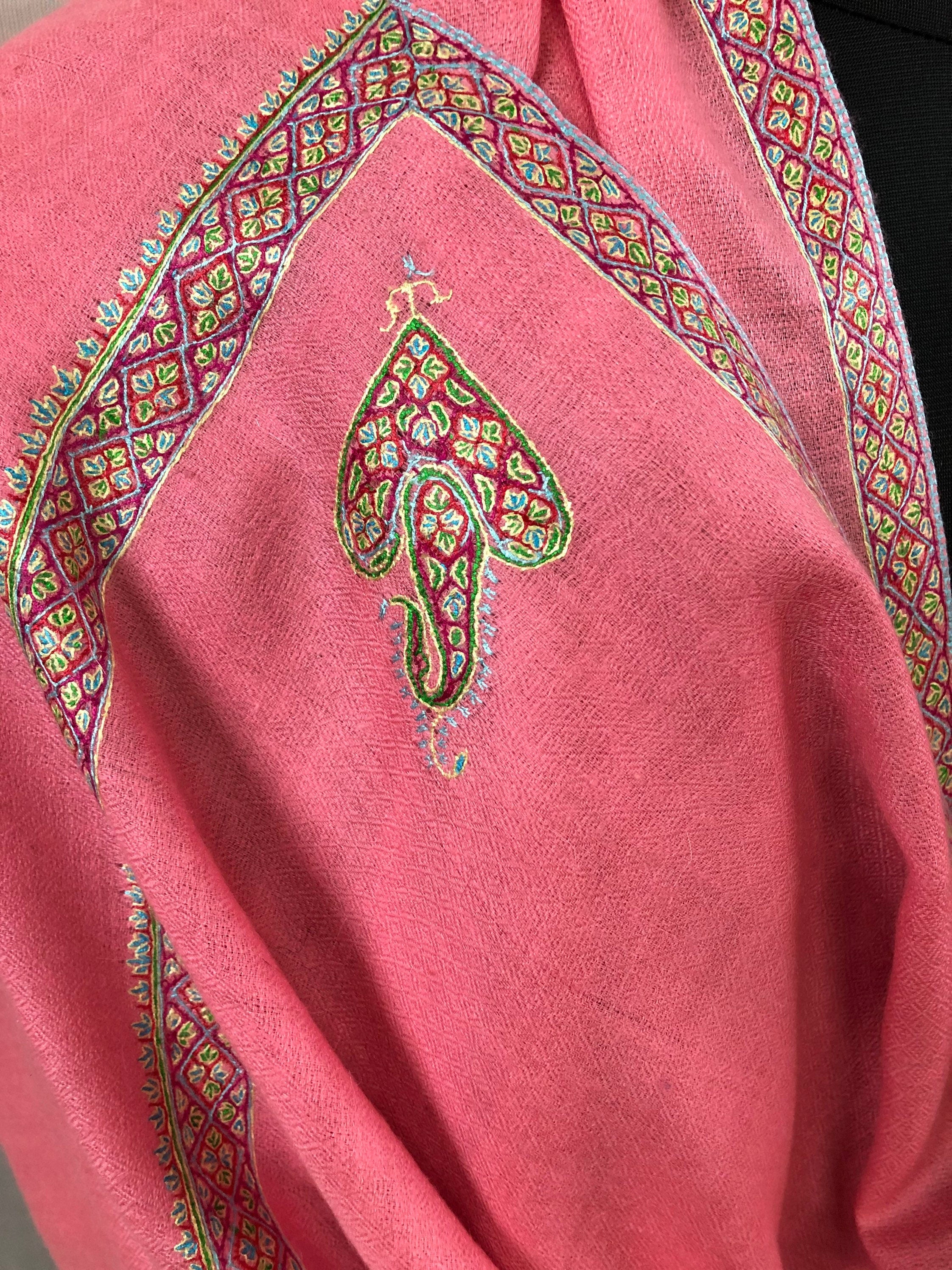 Cashmere Strawberry Pink Sozni Hand Embroidered Border Handwoven Real Cashmere Pashmina Stole Scarf Shawl - Mehraj Crafts 