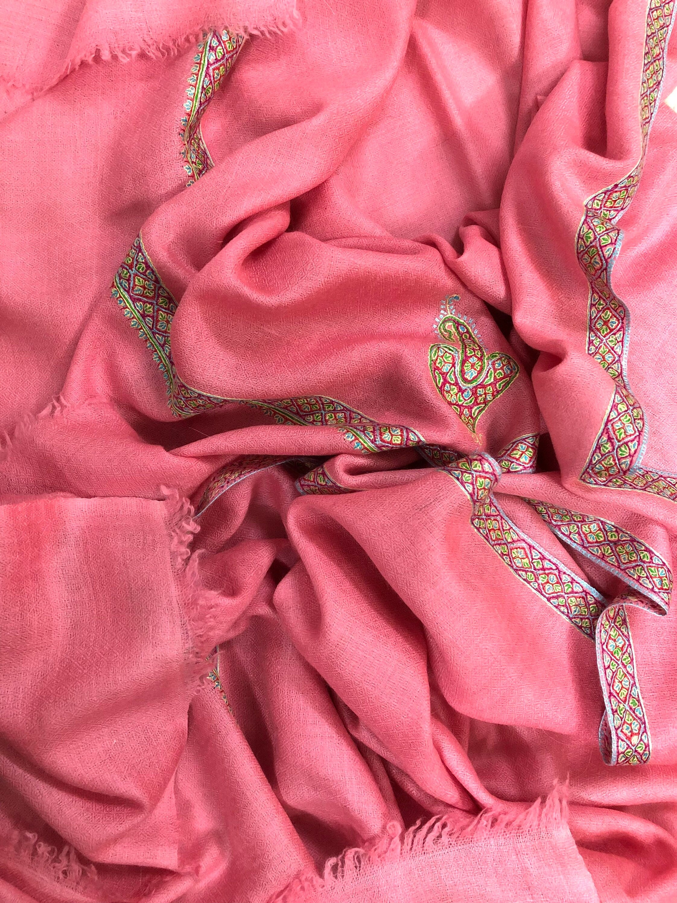 Cashmere Strawberry Pink Sozni Hand Embroidered Border Handwoven Real Cashmere Pashmina Stole Scarf Shawl - Mehraj Crafts 